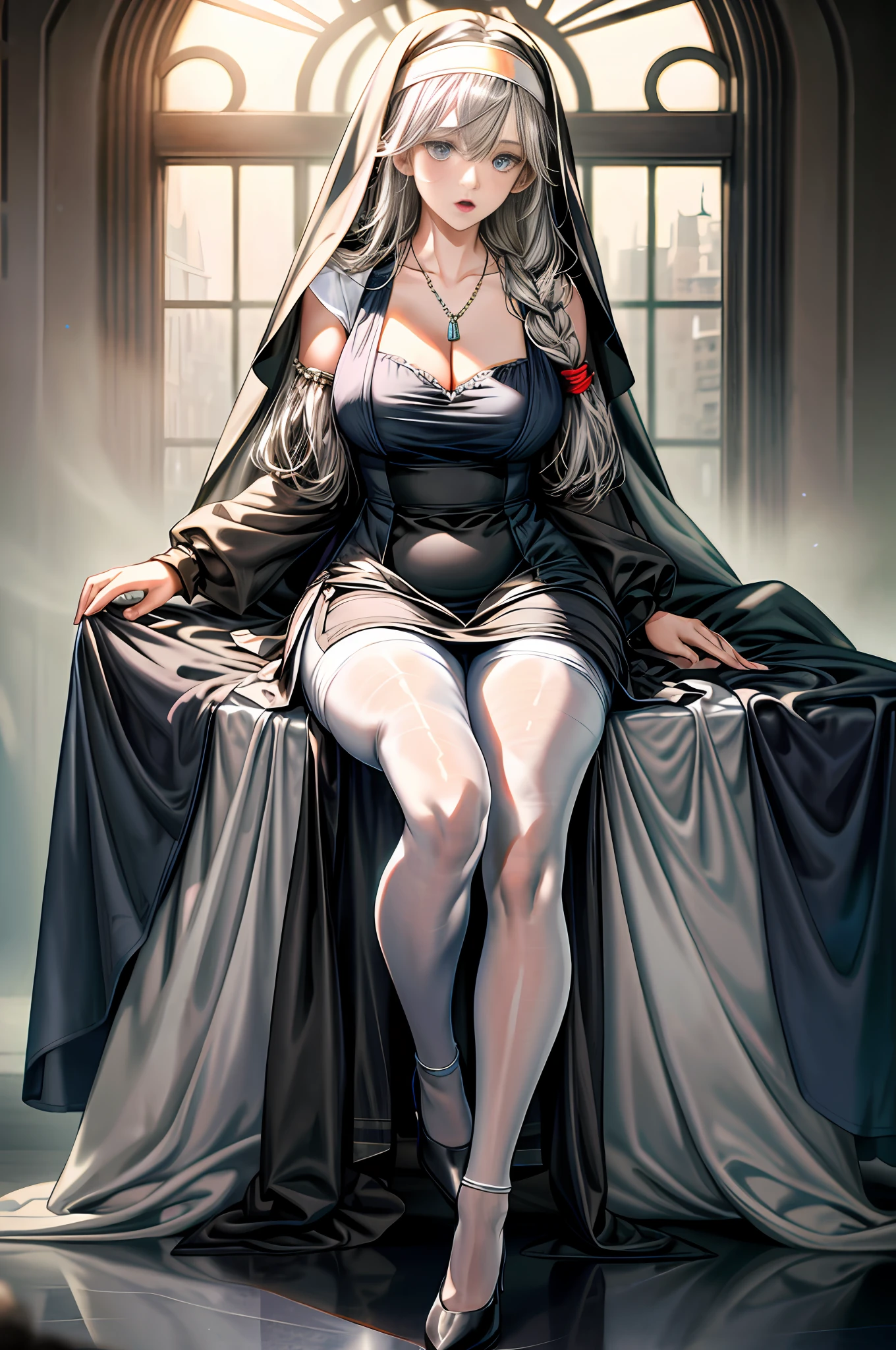 Best quality, masterpiece, high resolution, ultra-realistic 8k CG, beautiful girl, gray hair, blue eyes, open mouth, puffy, plump body, nun bandana, (tunic, nun dress), fleshy thighs, (full body white pantyhose), high heels, full body, looking at the audience, symmetrical, charming, complex, sexy, elegant, hands interlocked, hair accessories, necklace, cleavage, tyndall effect, realistic, dark studio, edge lighting, two-tone lighting, (high detail skin: 1.2), 8k uhd, dslr, soft light, high quality, volumetric light, sneak peek, photo, high resolution, 4k, 8k, bokeh,
