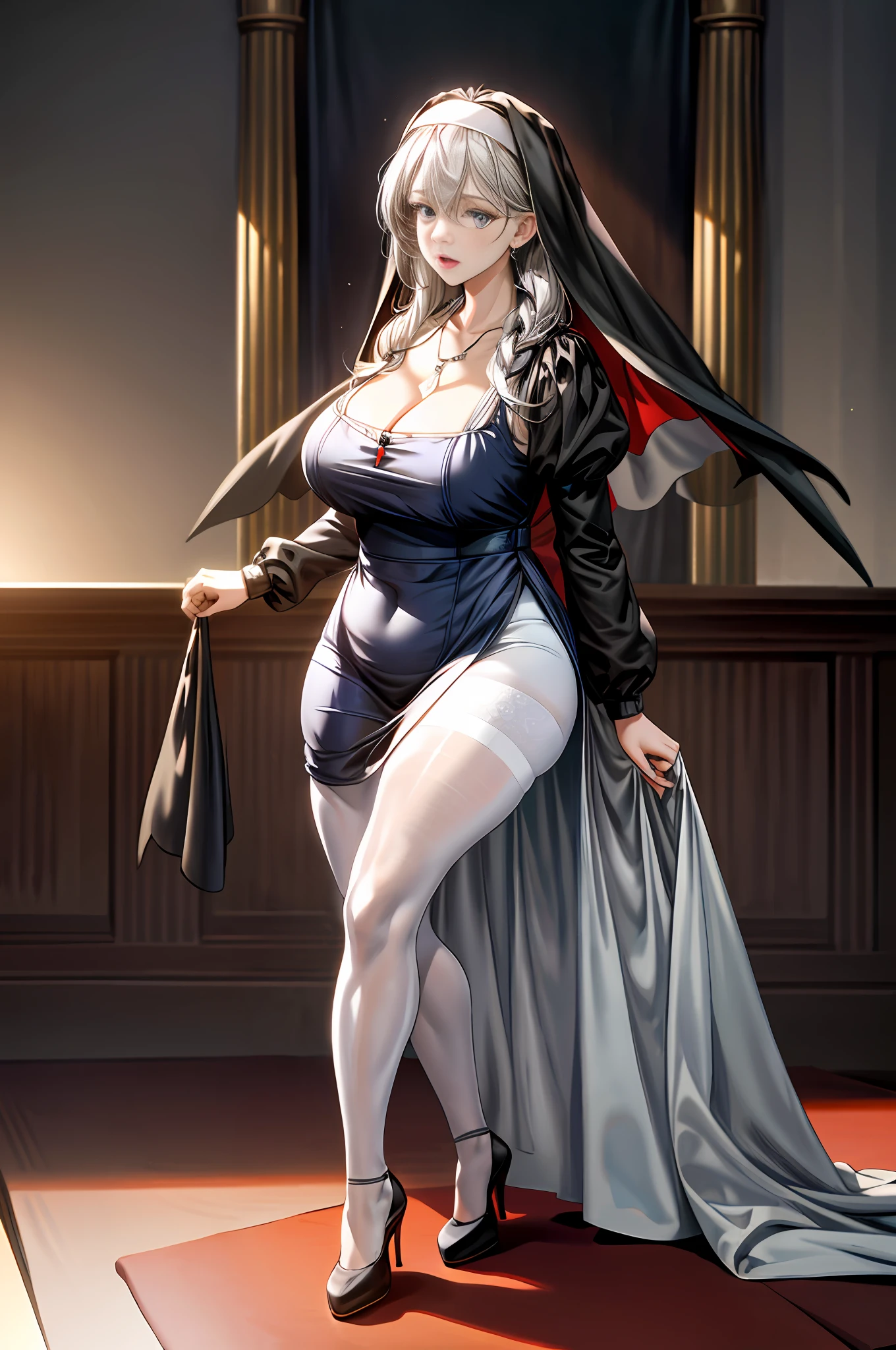 Best quality, masterpiece, high resolution, ultra-realistic 8k CG, beautiful girl, gray hair, blue eyes, open mouth, puffy, plump body, nun bandana, (tunic, nun dress), fleshy thighs, (full body white pantyhose), high heels, full body, looking at the audience, symmetrical, charming, complex, sexy, elegant, hands interlocked, hair accessories, necklace, cleavage, tyndall effect, realistic, dark studio, edge lighting, two-tone lighting, (high detail skin: 1.2), 8k uhd, dslr, soft light, high quality, volumetric light, sneak peek, photo, high resolution, 4k, 8k, bokeh,