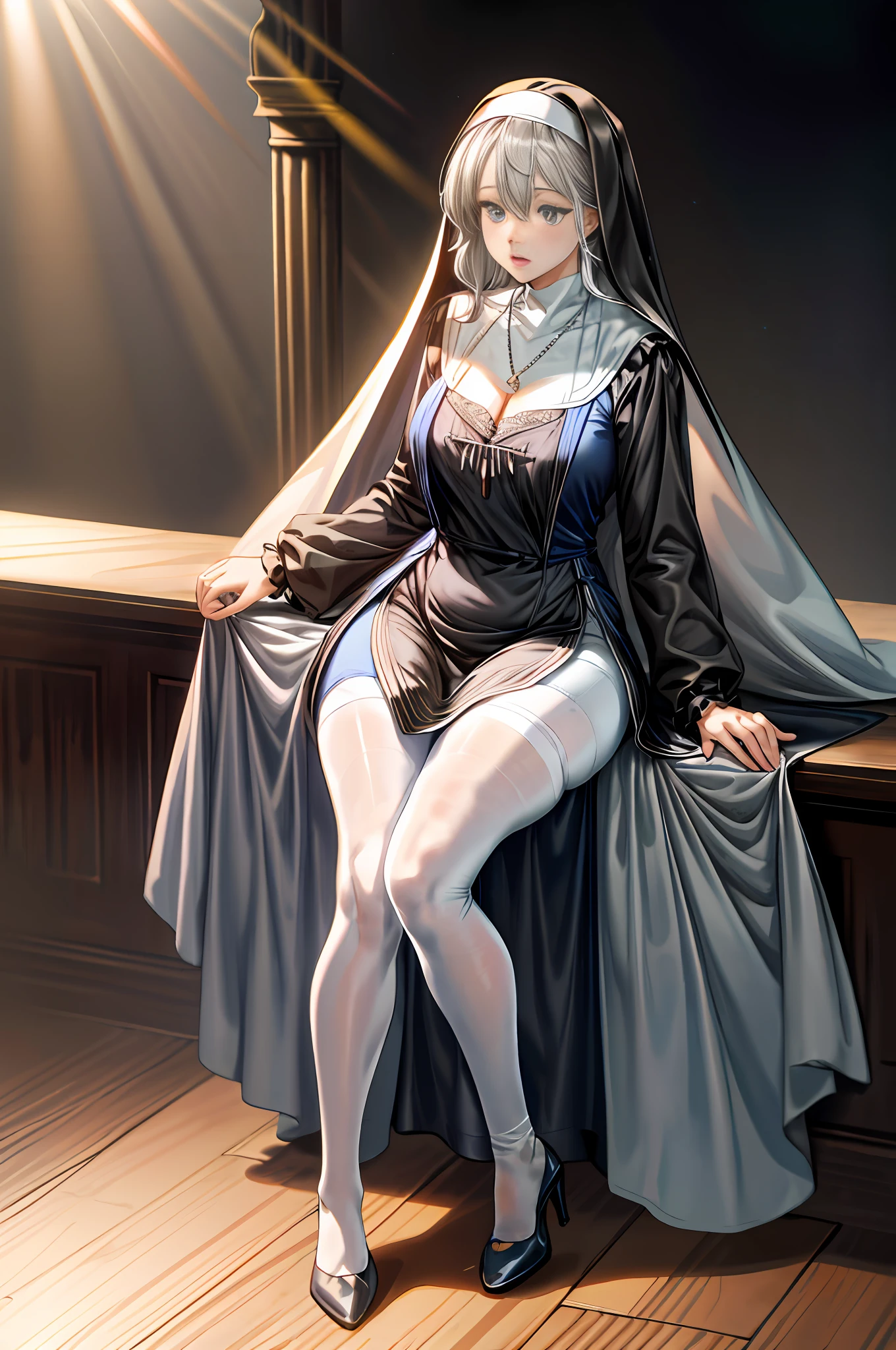 Best quality, masterpiece, high resolution, ultra-realistic 8k CG, beautiful girl, gray hair, blue eyes, open mouth, puffy, plump body, nun bandana, (tunic, nun dress), fleshy thighs, (full body white pantyhose), high heels, full body, looking at the audience, symmetrical, charming, complex, sexy, elegant, hands interlocked, hair accessories, necklace, cleavage, tyndall effect, realistic, dark studio, edge lighting, two-tone lighting, (high detail skin: 1.2), 8k uhd, dslr, soft light, high quality, volumetric light, sneak peek, photo, high resolution, 4k, 8k, bokeh,