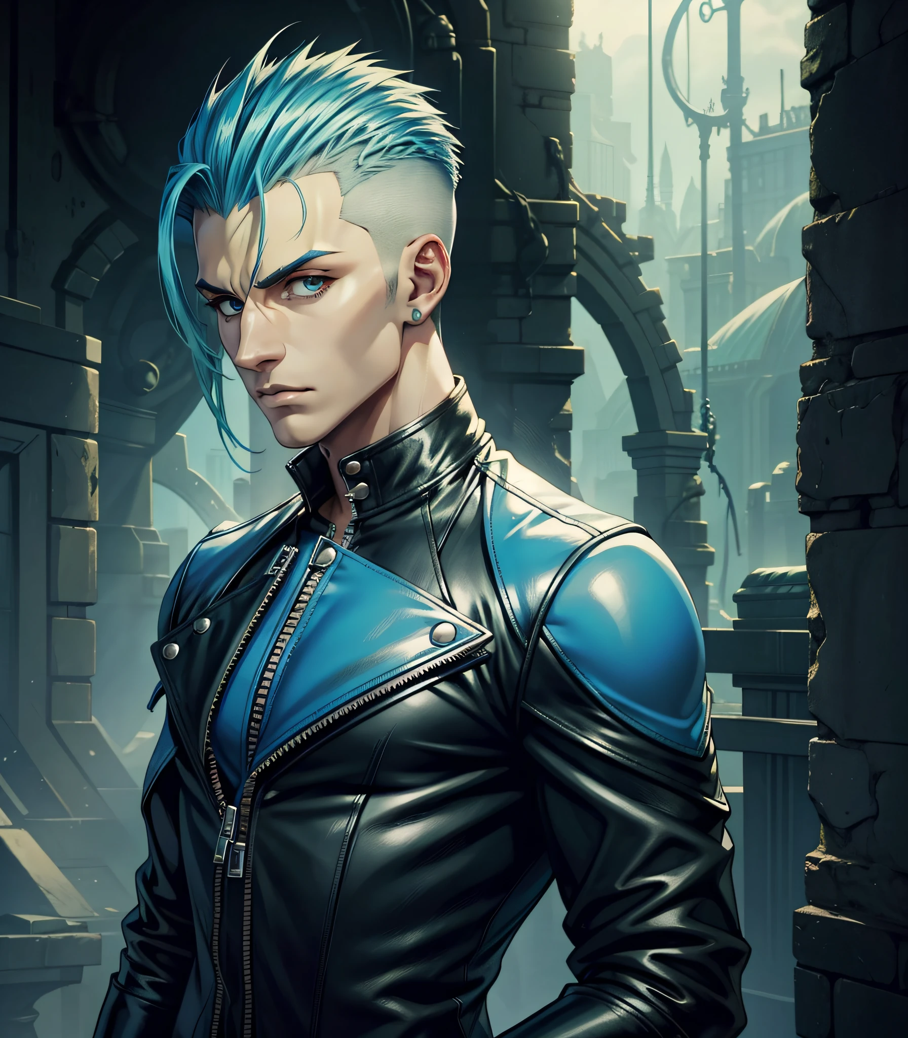 Slime boy, (slime) Slime hair fauxhawk hair style, Pacific blue, wearing wicked leather clothing, Masterpiece, Best Quality