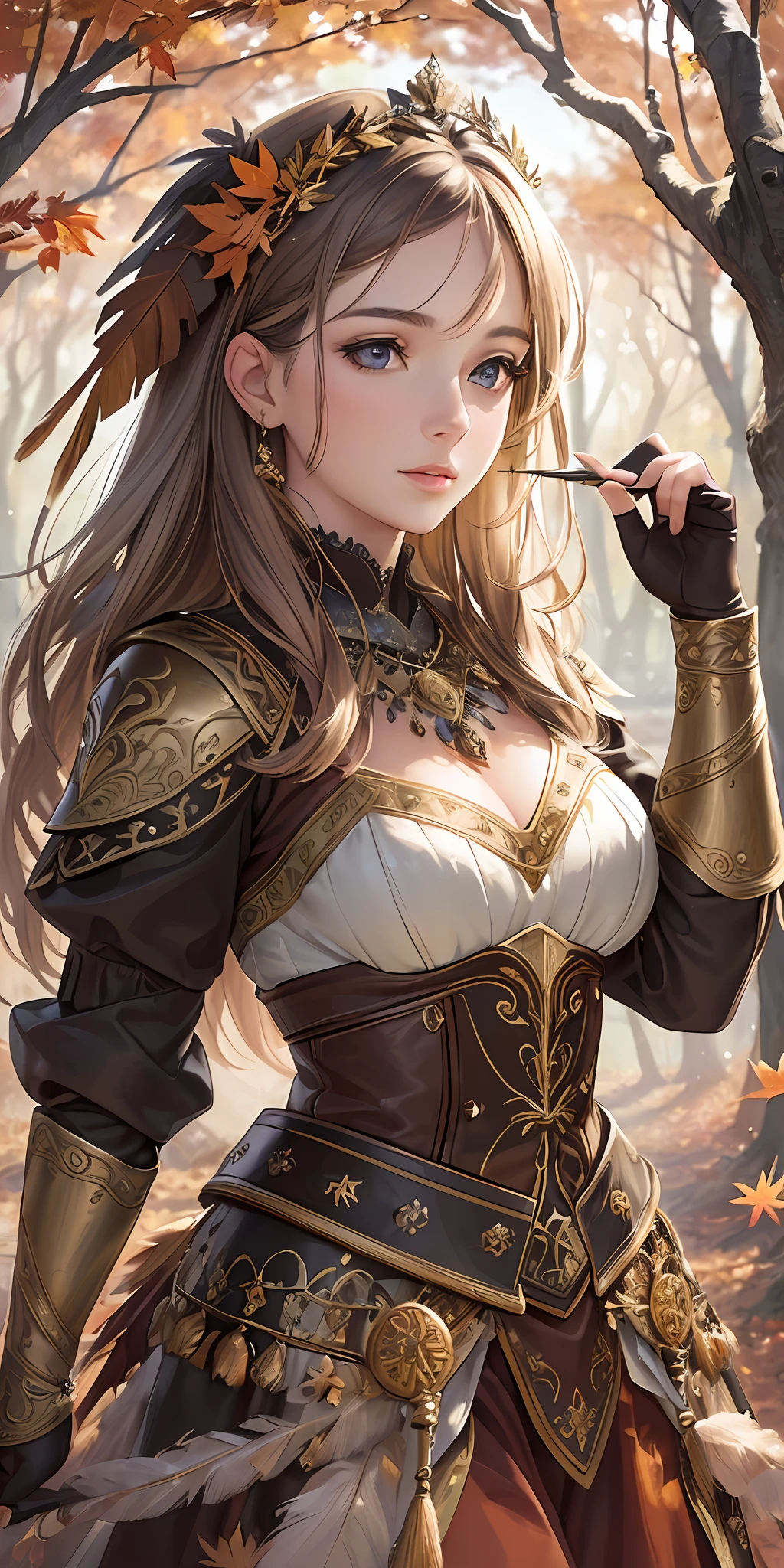 ((best quality)), ((masterpiece)), ((realistic)), ((beautiful female)), ((detailed eyes)), (AI generated), (enchanted forest), (autumnal leaves), (brown leather armor), (feathered quill pen), (zoomed-in view), (4 resolution), "Autumnal Enchantment" scenic, masterpiece.