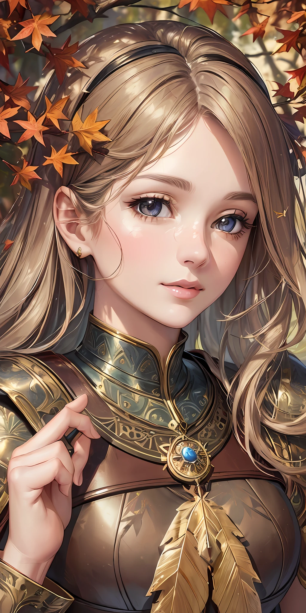 ((best quality)), ((masterpiece)), ((realistic)), ((beautiful female)), ((detailed eyes)), (AI generated), (enchanted forest), (autumnal leaves), (brown leather armor), (feathered quill pen), (zoomed-in view), (4 resolution), "Autumnal Enchantment" scenic, masterpiece.