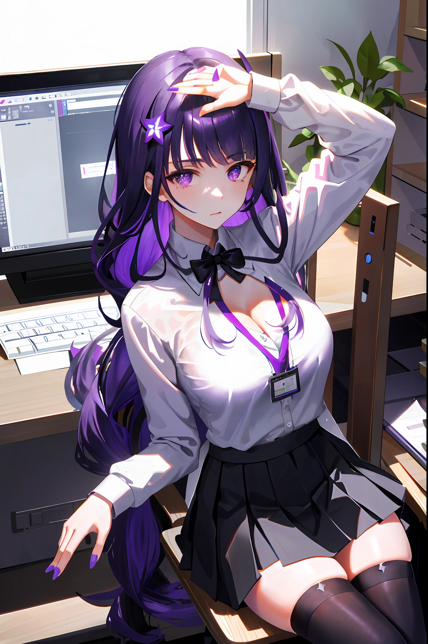 Raiden, 1girl, solo, ((white shirt)), black thighhighs, breasts, cleavage, uniform, office background, black skirt, pleated skirt, office, hair between eyes, hair ornament, large breasts, long hair, looking at viewer, purple hair, purple nails, purple eyes, solo, thighhighs, thighs, very long hair, ((masterpiece)), sitting, chair, desk, computer on desk, name tag, id tag, indoor,