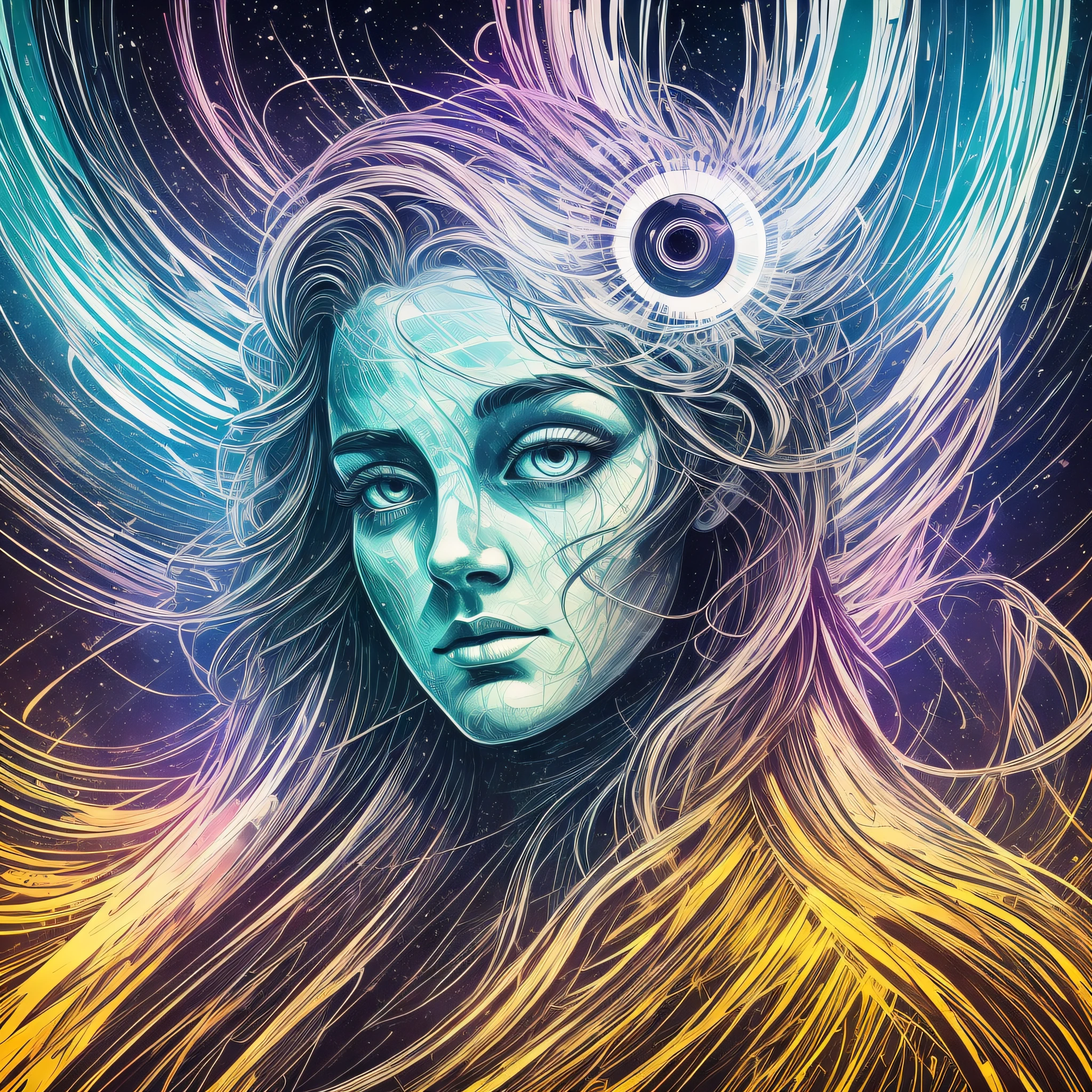 dreamlikeart, [light, paint, jwst, spiral galaxy, cosmic horrors beyond comprehension:ink, shadow,:0.25], big man, eyes, pupils, dublex, mountainous horizon, sun, [glitch|databending] --auto --s2