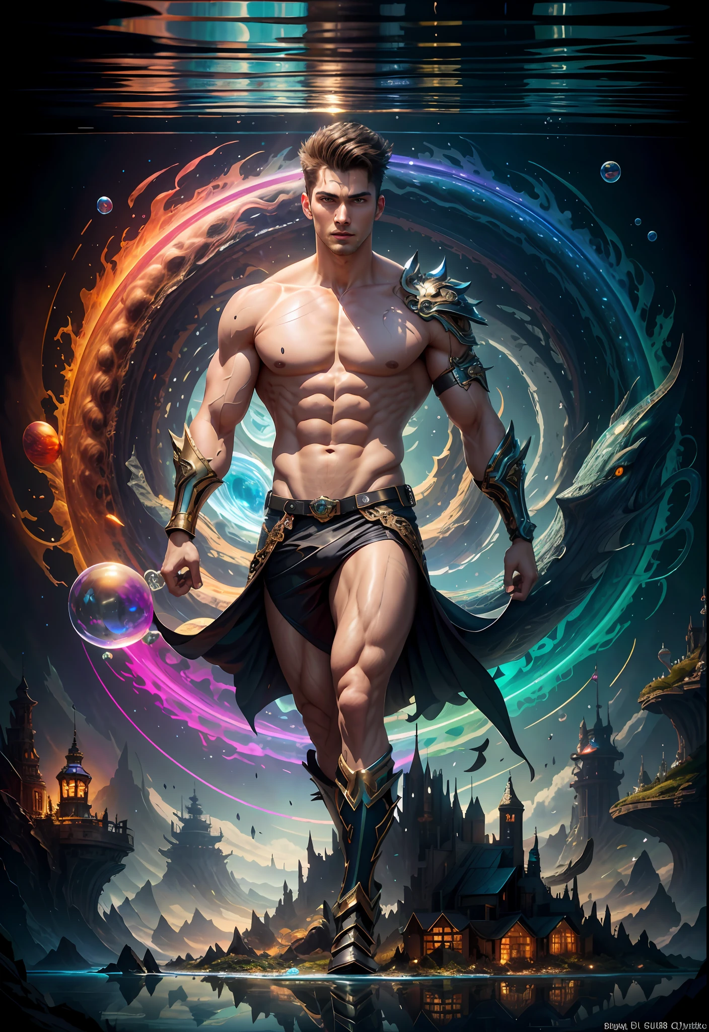 high resolution, shadow, absurd, best_quality, ultra_detailed, 8K, extremely_clear, Photos, beauty, sharp focus, HDR, masterpiece, acura, 1 male god, handsome, young, tall muscular man, dark theme, magic array, bubble, rainbow sun, underwater, reflector, floating glass sheet, rainbow light, bubble vortex, wind vortex, aurora, fantasy landscape, starlight around characters, (upper body), underwater, giant whale, fantastic location, dream, flight, underwater cyberpunk city