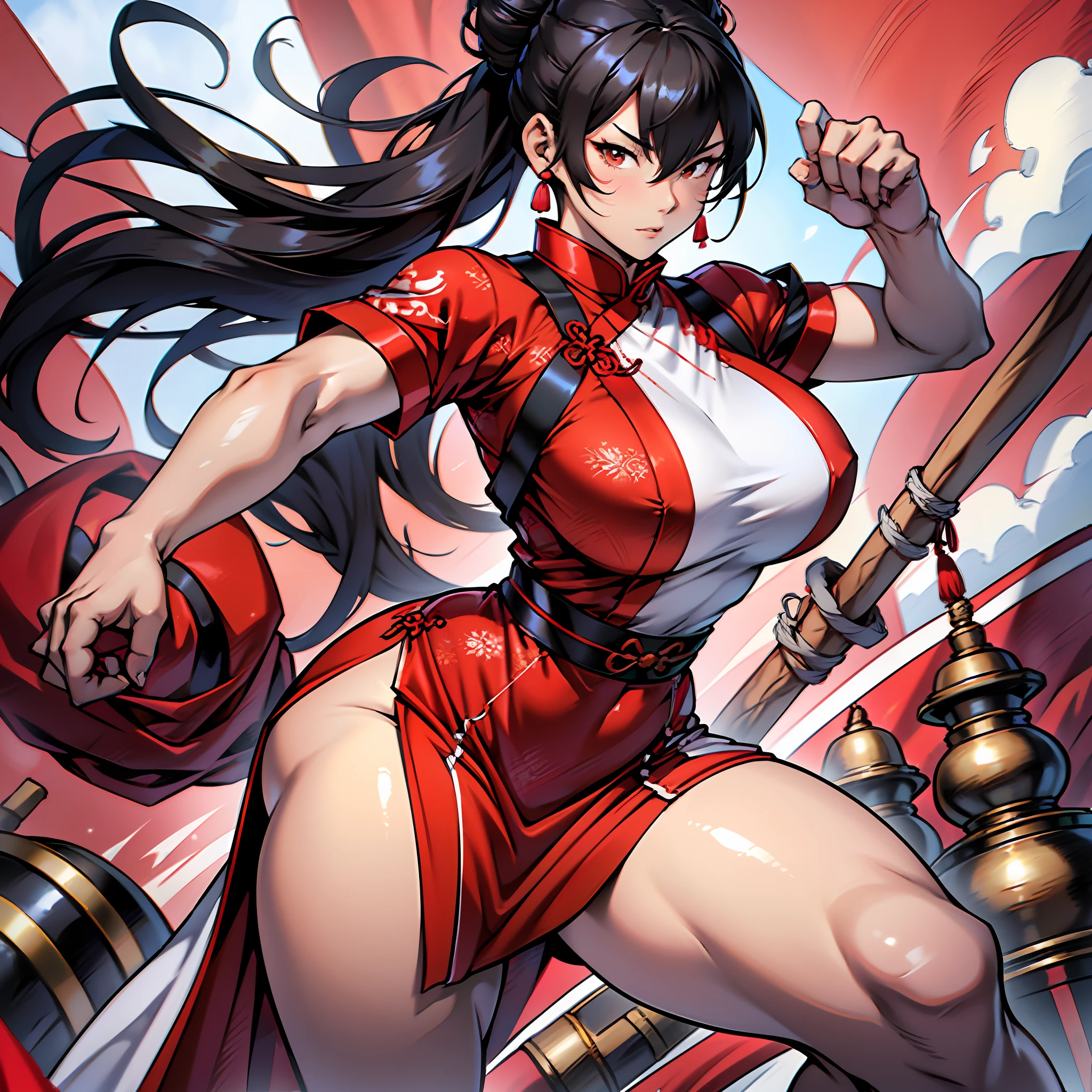 Japanese woman, beautiful face, hair tied in bun, maria chiquinha, black hair, straight hair, caramelized brown eyes, red colored Chinese dress with neckline, thick thighs, large breasts, curvy, thin waist, white skin, red cloth armbands, red colored Chinese sneakers, battle arena, medieval setting, fighting pose.