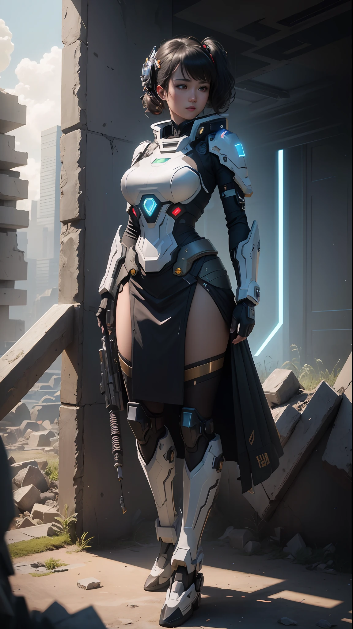 ((Best quality)), ((masterpiece)), (highly detailed:1.3), 3D,Shitu-mecha, beautiful cyberpunk women with her mecha in the ruins of city from a forgoten war, ancient technology,HDR (High Dynamic Range),Ray Tracing,NVIDIA RTX,Super-Resolution,Unreal 5,Subsurface scattering,PBR Texturing,Post-processing,Anisotropic Filtering,Depth-of-field,Maximum clarity and sharpness,Multi-layered textures,Albedo and Specular maps,Surface shading,Accurate simulation of light-material interaction,Perfect proportions,Octane Render,Two-tone lighting,Low ISO,White balance,Rule of thirds,Wide aperature,8K RAW,Efficient Sub-Pixel,sub-pixel convolution,luminescent particles,light scattering,Tyndall effect