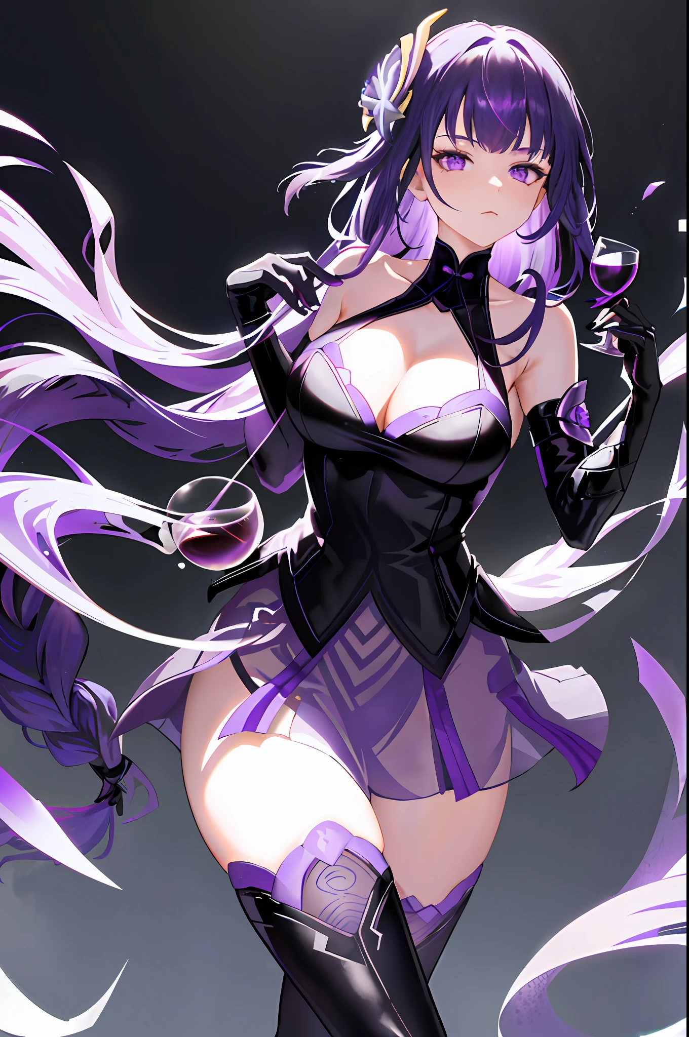 Raiden, genshin impact, 1girl, alcohol, alternate costume, armlet, bare shoulders, black background, black dress, black gloves, black thighhighs, breasts, cleavage, criss-cross halter, cup, dress, drinking glass, flower, gloves, gradient background, hair between eyes, hair ornament, halterneck, holding, holding cup, large breasts, long hair, looking at viewer, purple hair, purple nails, purple eyes, see-through gloves, solo, thighhighs, thighs, very long hair, wine, wine glass, ((masterpiece))