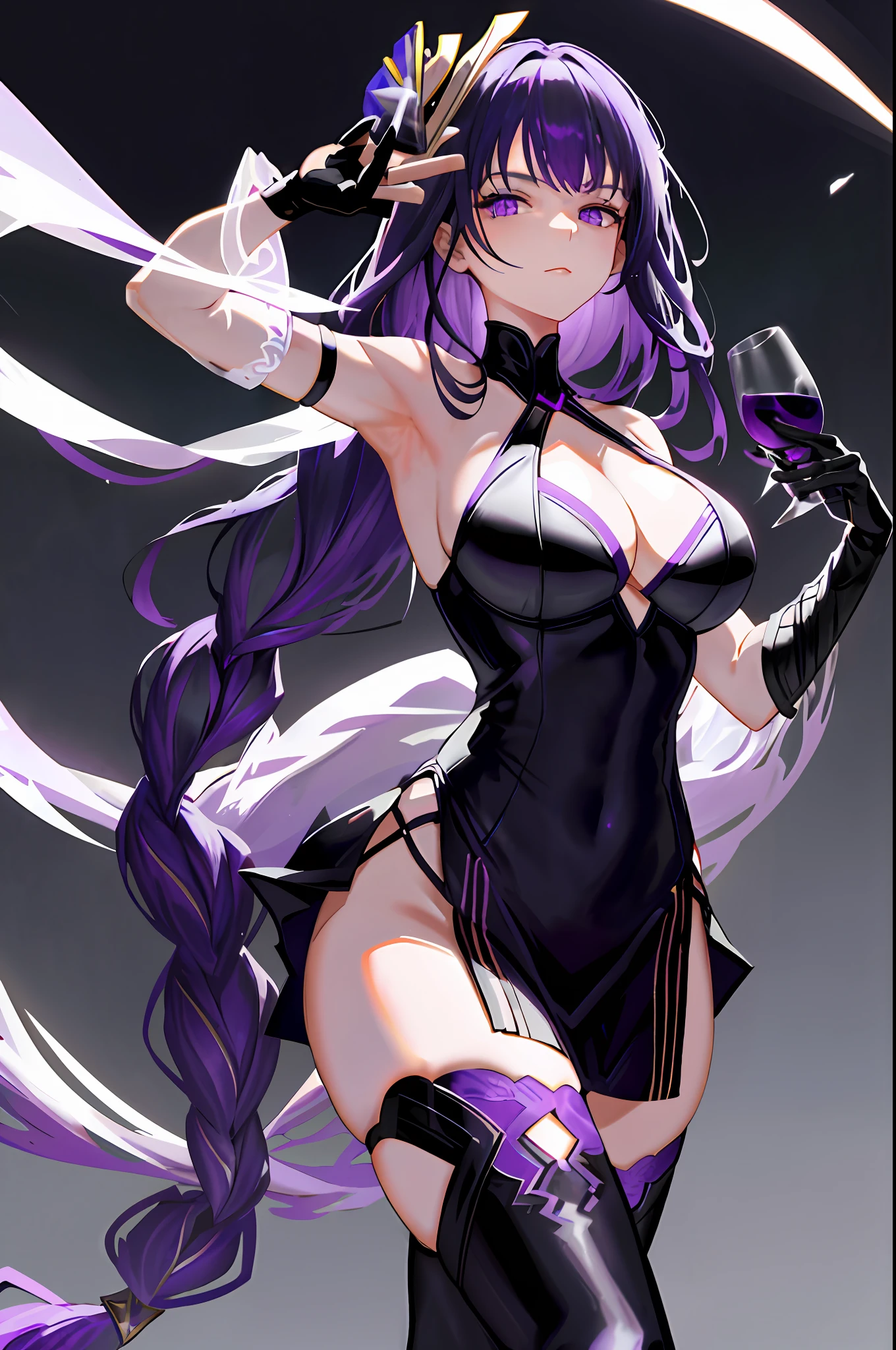 Raiden, genshin impact, 1girl, alcohol, alternate costume, armlet, bare shoulders, black background, black dress, black gloves, black thighhighs, breasts, cleavage, criss-cross halter, cup, dress, drinking glass, flower, gloves, gradient background, hair between eyes, hair ornament, halterneck, holding, holding cup, large breasts, long hair, looking at viewer, purple hair, purple nails, purple eyes, see-through gloves, solo, thighhighs, thighs, very long hair, wine, wine glass, ((masterpiece))