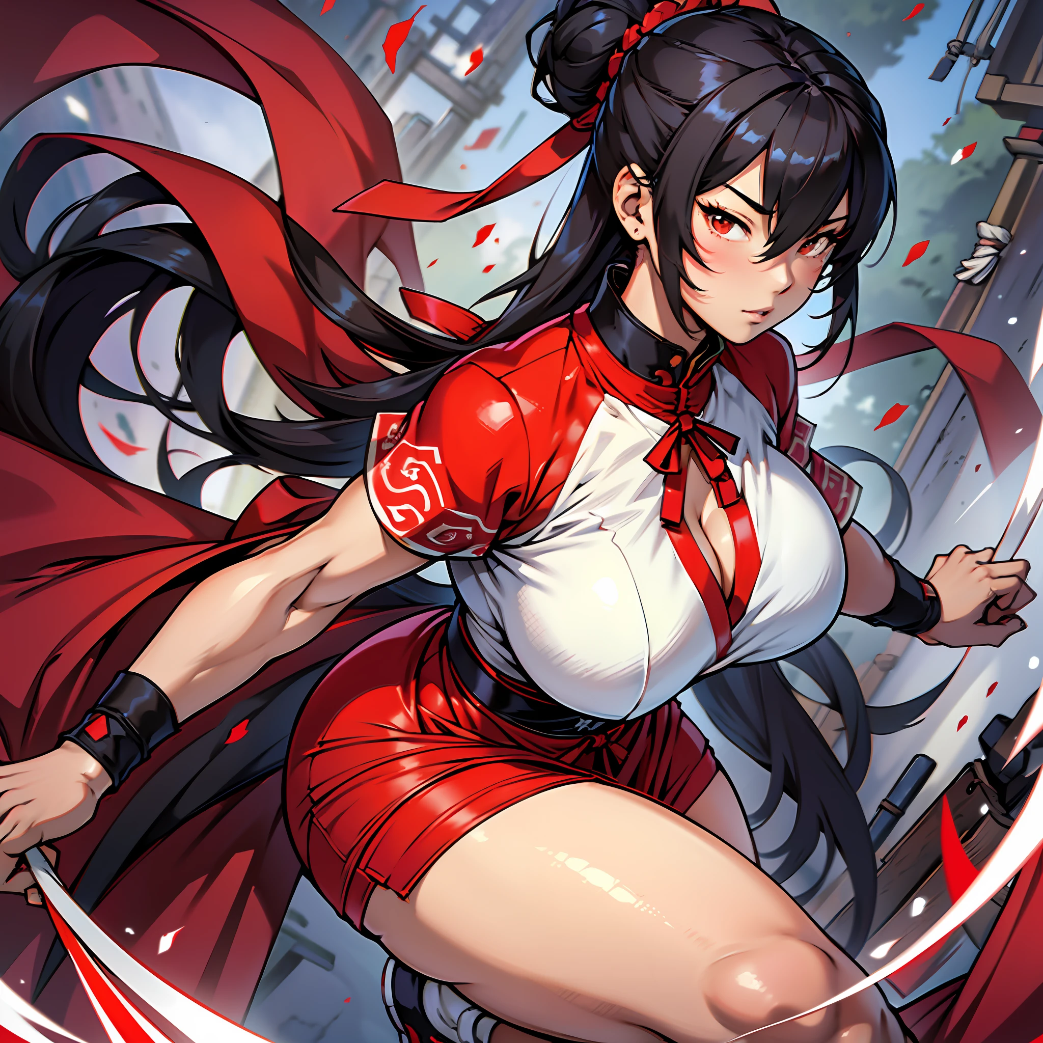 Japanese woman, beautiful face, hair tied in bun, maria chiquinha, black hair, straight hair, caramelized brown eyes, red colored Chinese dress with neckline, thick thighs, large breasts, curvy, thin waist, white skin, red cloth armbands, red colored Chinese sneakers, battle arena, medieval setting, fighting pose.