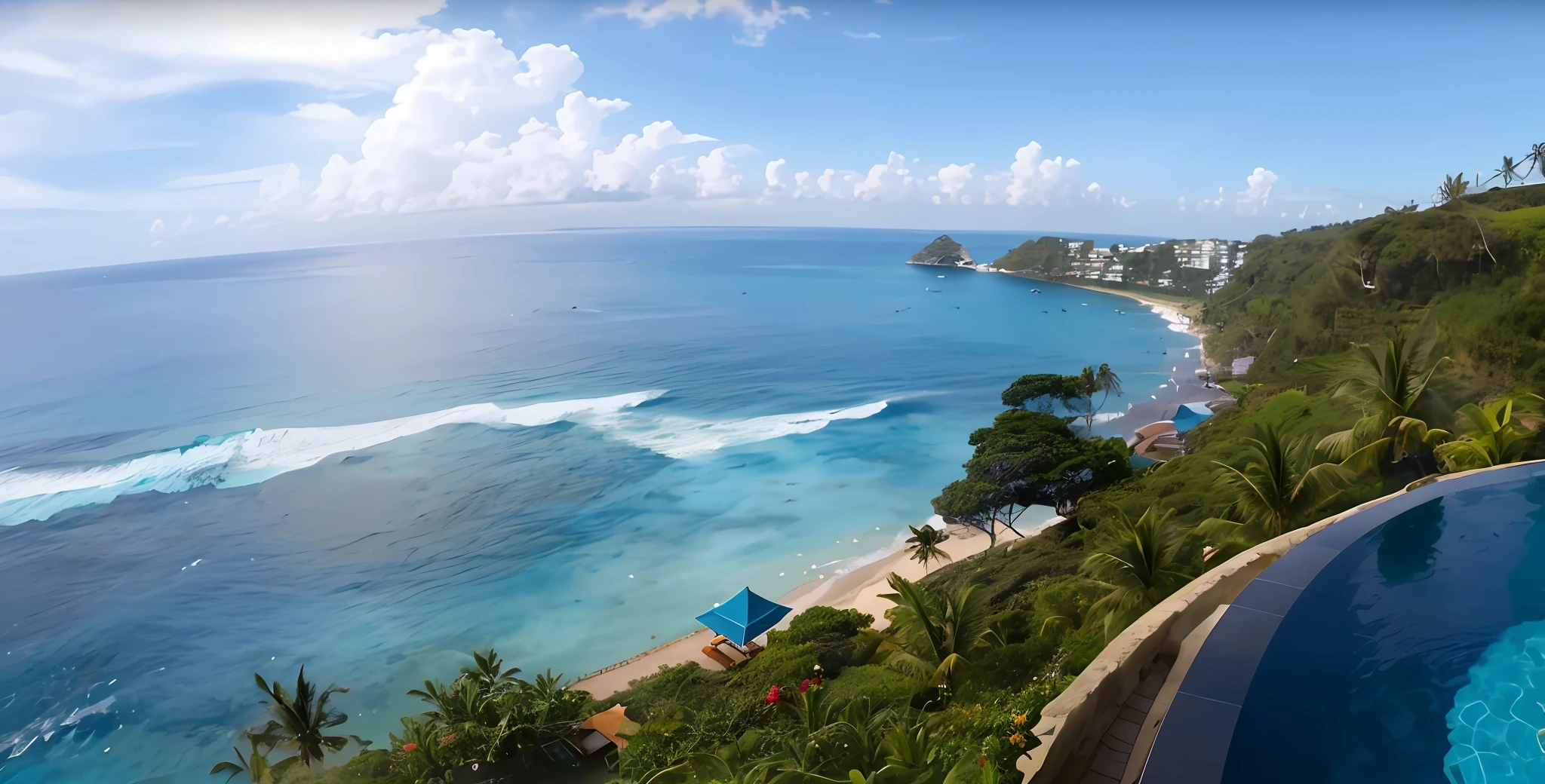 there is a view of a beach and a pool from a hill, bali, crisp smooth lines, inspiring, video, beautiful magical palm beach, epic ultrawide shot, travel, 360, visually stunning, 4k shot, paradise in the background, breathtaking shot, breath taking, incredibly beautiful, breath-taking beautiful beach, 4k drone photography, amazing view