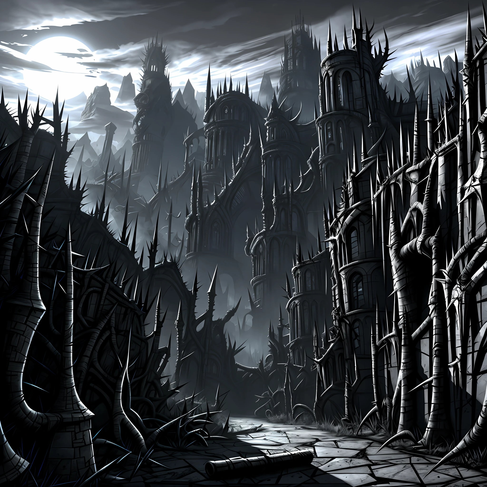 horror art landscape, complex biomechanicals monuments, spiked walls, madness, thorns, artstation, UHD, unreal engine, line art drawing style.