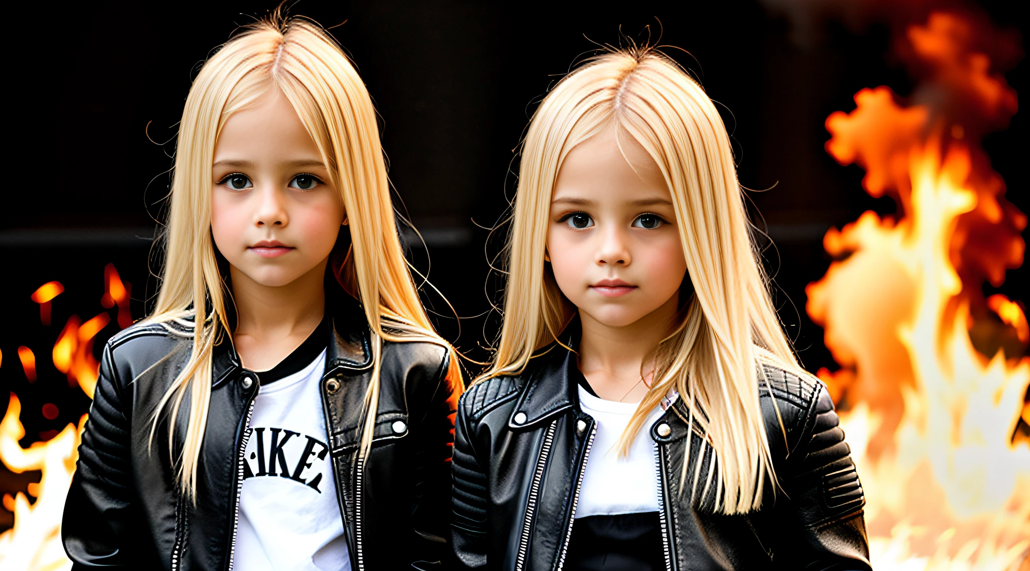 blonde girls WITH STRAIGHT HAIR, FIRE BACKGROUND, BLACK LEATHER JACKET AND BLACK CLOTHING.