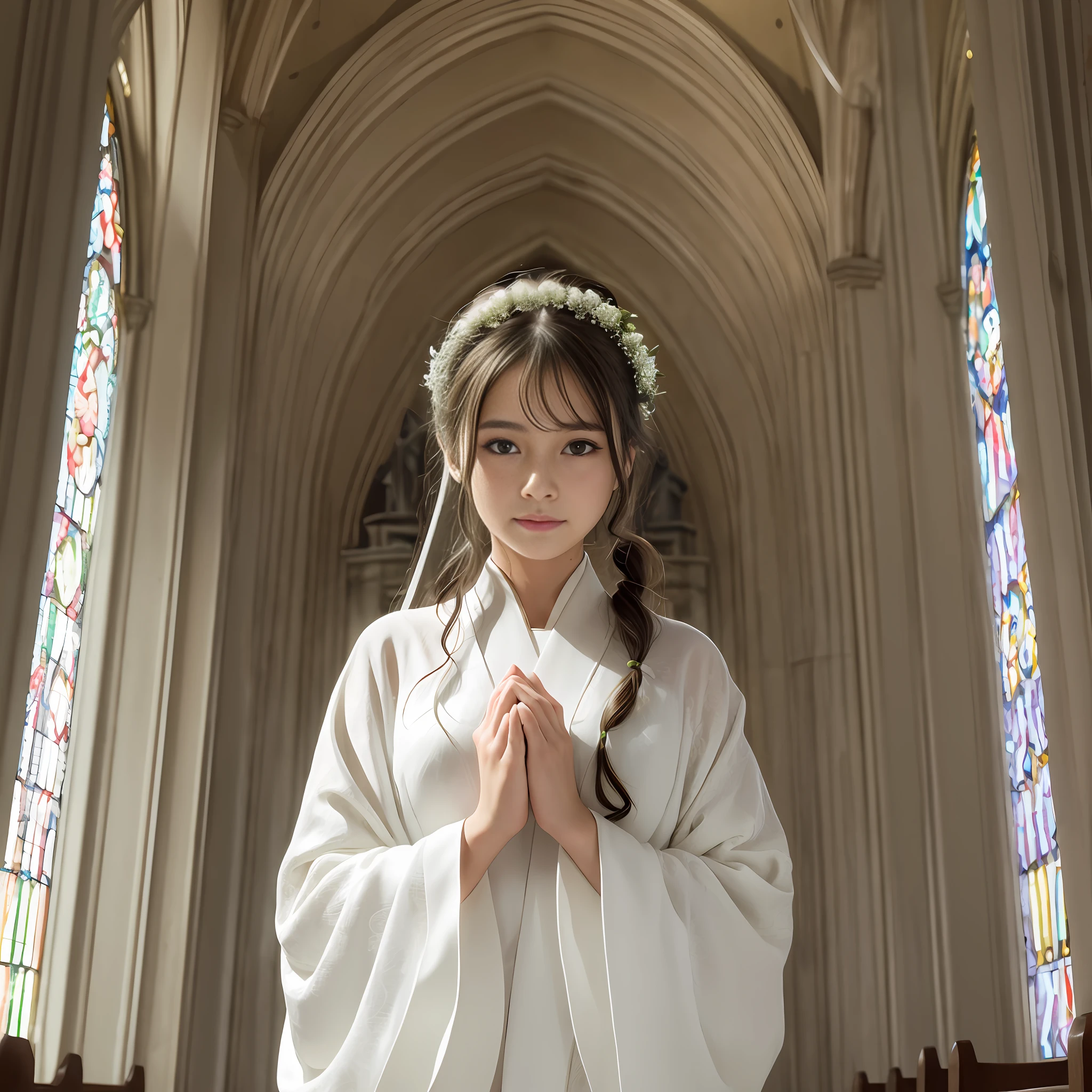 Fantine Harduin, smile, woman in wedding white kimono, 1girl, Double eyelid, Beautiful Realistic European, praying inside a Christian church, green black hair, little blonde, angel wings in a ponytail, crucifixion, standing figure --auto --s2