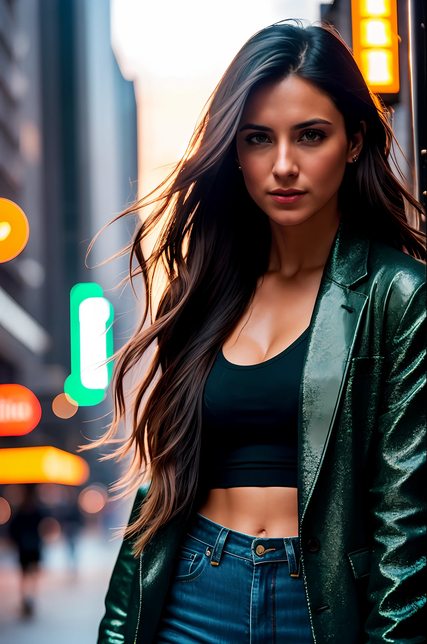 A tenacious female journalist uncovering a high-stakes conspiracy in a bustling metropolis, weaving through crowded streets and dark alleyways, close up, Detailed clothes, green eyes, flowing hair, determined expression, shiny glossy skin, subsurface scattering, (sharp:0.7), [(colorful explosion psychedelic paint colors:1.21)::0.05], amazing fine detail, Nikon D850 film stock photograph Kodak Portra 400 camera f1.6 lens, rich colors, lifelike texture, dramatic lighting, urban environment, skyscrapers, neon signs, street vendors, dynamic composition, unreal engine, trending on ArtStation, cinestill 800 tungsten