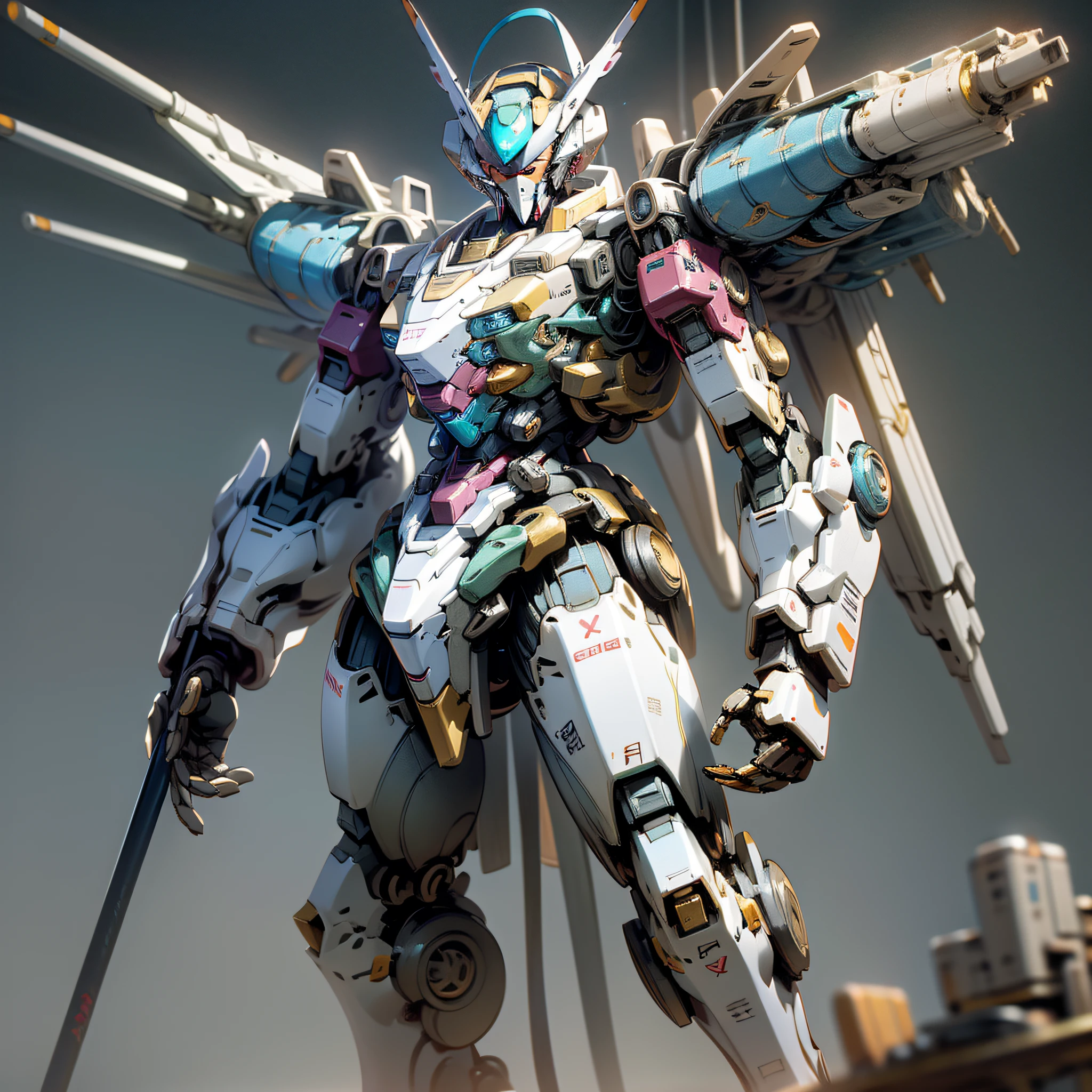 8k wallpaper,masterpiece,Cinematic Lighting,best quality,Illustration,dramatic angle, Body ,((mecha:1.4)),[(porcelain \(materials\),):0.7):1],robot,mecha,solo,no humans,standing,science fiction,gradient,redesign,gradient background,blue,white, --auto --s2