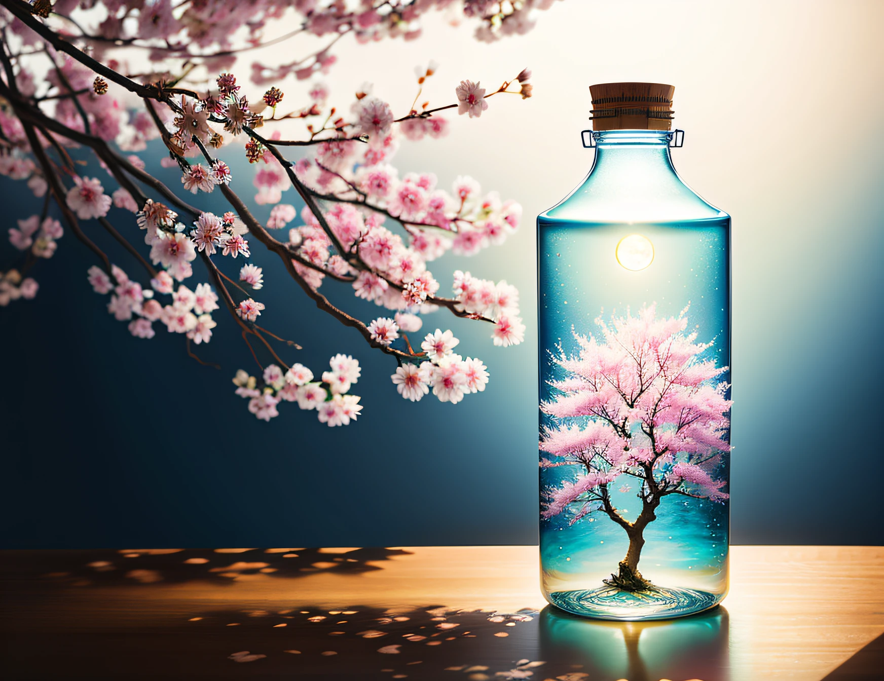 sakura tree in a bottle, fluffy, realistic, atmospheric light refraction, by lee jeffries nikon d850 film stock photograph 4 kodak portra 400 camera f1.6 lens rich colors hyper realistic lifelike texture dramatic lighting unreal engine trending on artstation cinestill 800, Style-Glass