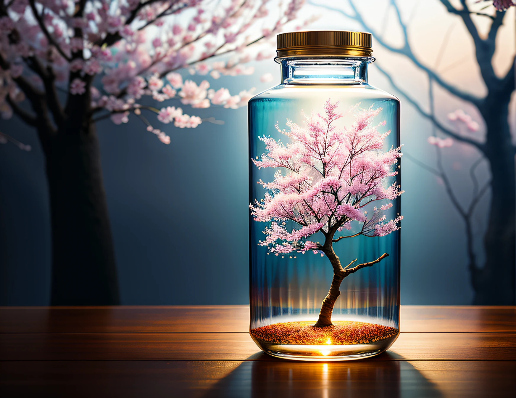 sakura tree in a bottle, fluffy, realistic, atmospheric light refraction, by lee jeffries nikon d850 film stock photograph 4 kodak portra 400 camera f1.6 lens rich colors hyper realistic lifelike texture dramatic lighting unreal engine trending on artstation cinestill 800, Style-Glass