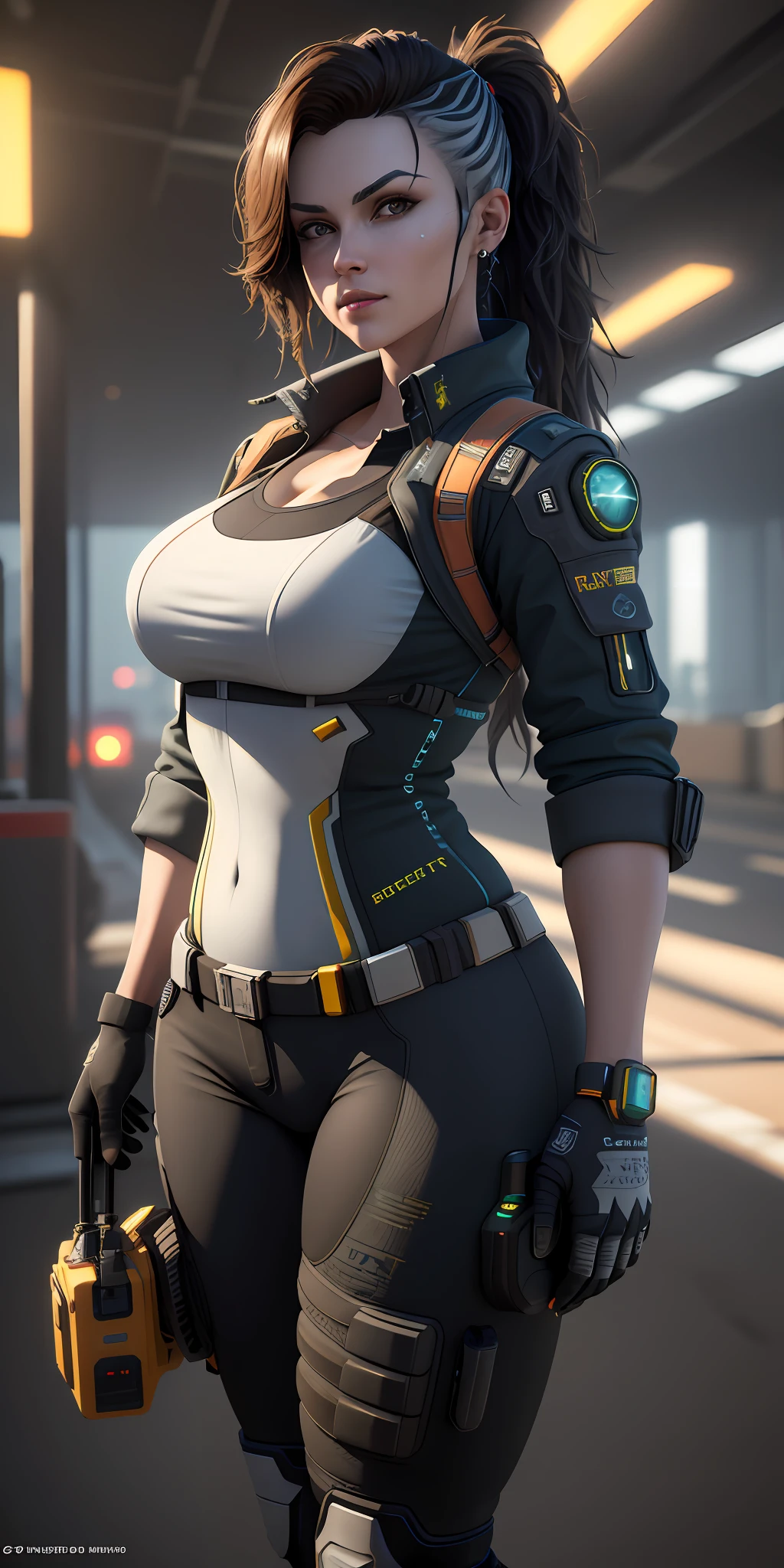 (masterpiece:1.2, best quality), ((Best quality)), ((masterpiece)), (highly detailed:1.3), 3D, beautiful cyberpunk female construction worker with thick voluminous hair,constructionyardai,HDR (High Dynamic Range),Ray Tracing,NVIDIA RTX,Super-Resolution,Unreal 5,Subsurface scattering,PBR Texturing,Post-processing,Anisotropic Filtering,Depth-of-field,Maximum clarity and sharpness,Multi-layered textures,Albedo and Specular maps,Surface shading,Accurate simulation of light-material interaction,Perfect proportions,Octane Render,Two-tone lighting,Wide aperture,Low ISO,White balance,Rule of thirds,8K RAW,