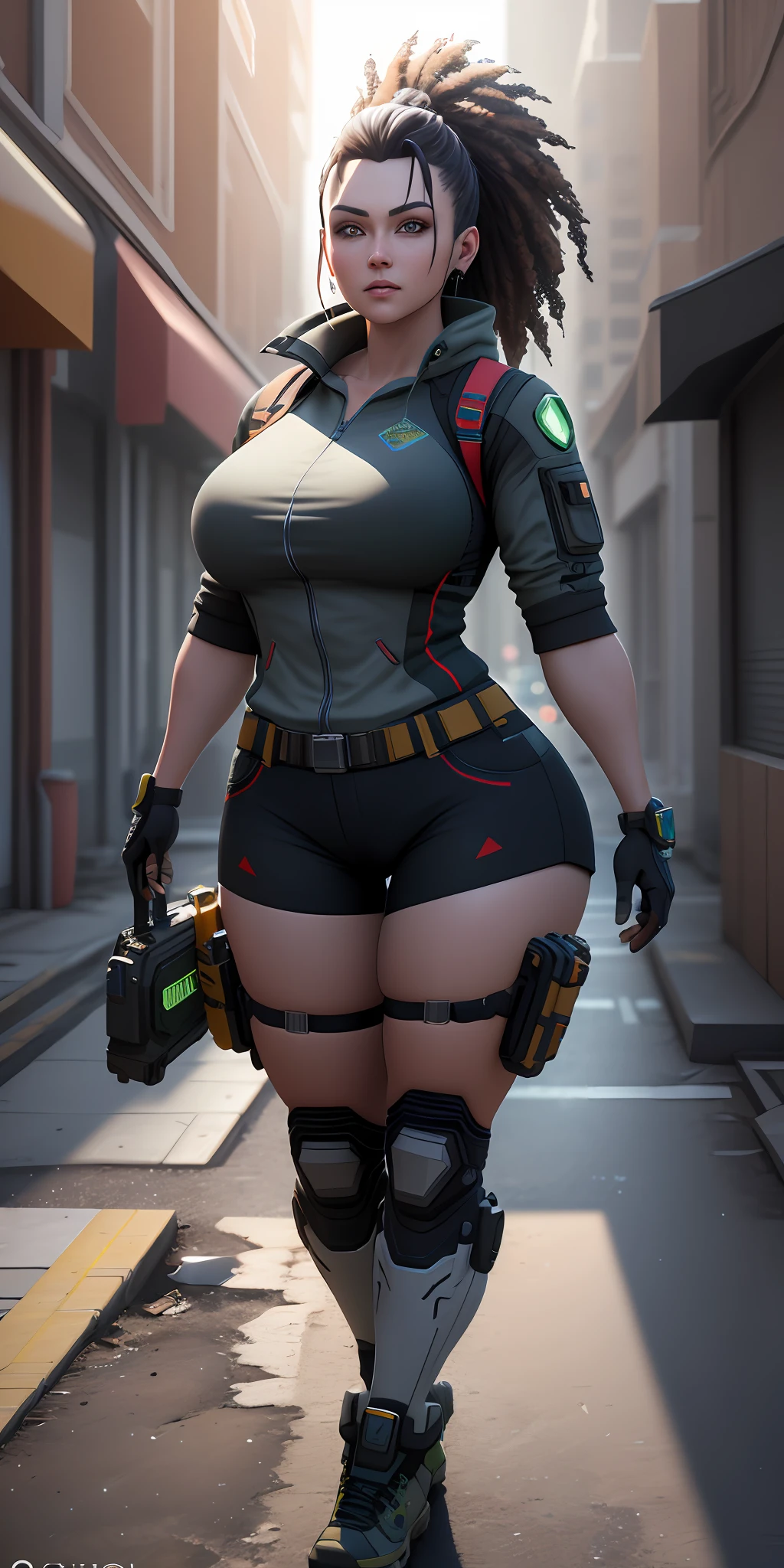 (masterpiece:1.2, best quality), ((Best quality)), ((masterpiece)), (highly detailed:1.3), 3D, beautiful cyberpunk female construction worker with thick voluminous hair,constructionyardai,HDR (High Dynamic Range),Ray Tracing,NVIDIA RTX,Super-Resolution,Unreal 5,Subsurface scattering,PBR Texturing,Post-processing,Anisotropic Filtering,Depth-of-field,Maximum clarity and sharpness,Multi-layered textures,Albedo and Specular maps,Surface shading,Accurate simulation of light-material interaction,Perfect proportions,Octane Render,Two-tone lighting,Wide aperture,Low ISO,White balance,Rule of thirds,8K RAW,