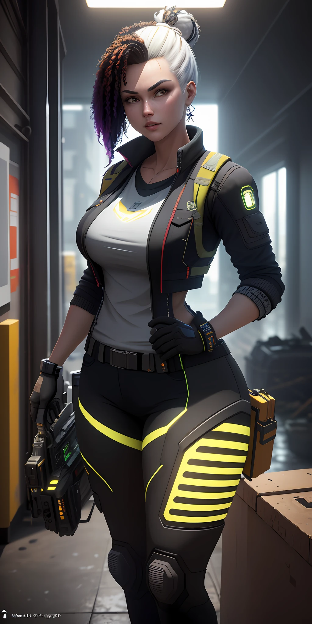 (masterpiece:1.2, best quality), ((Best quality)), ((masterpiece)), (highly detailed:1.3), 3D, beautiful cyberpunk female construction worker with thick voluminous hair,constructionyardai,HDR (High Dynamic Range),Ray Tracing,NVIDIA RTX,Super-Resolution,Unreal 5,Subsurface scattering,PBR Texturing,Post-processing,Anisotropic Filtering,Depth-of-field,Maximum clarity and sharpness,Multi-layered textures,Albedo and Specular maps,Surface shading,Accurate simulation of light-material interaction,Perfect proportions,Octane Render,Two-tone lighting,Wide aperture,Low ISO,White balance,Rule of thirds,8K RAW,