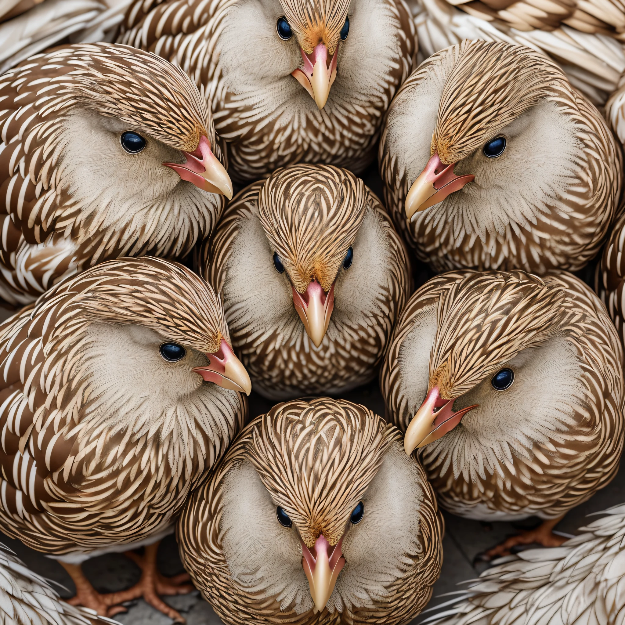 A group of hens huddled together, their feathers varying in shades of brown and beige, framed against a stark white backdrop, shot from an elevated angle, Canon 5D Mark IV, --ar 16:9 --c 05. --auto --s2