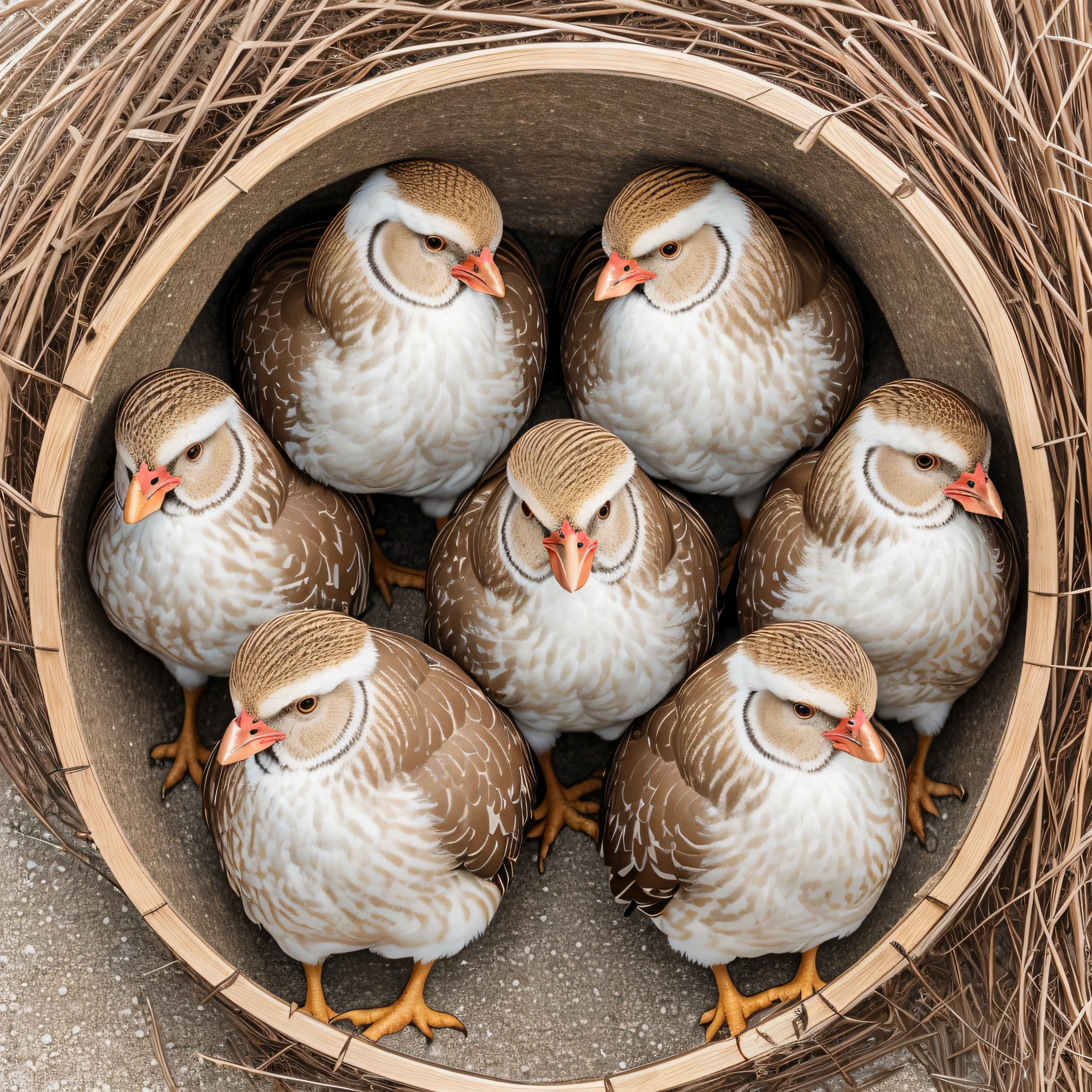 A group of hens huddled together, their feathers varying in shades of brown and beige, framed against a stark white backdrop, shot from an elevated angle, Canon 5D Mark IV, --ar 16:9 --c 05. --auto --s2