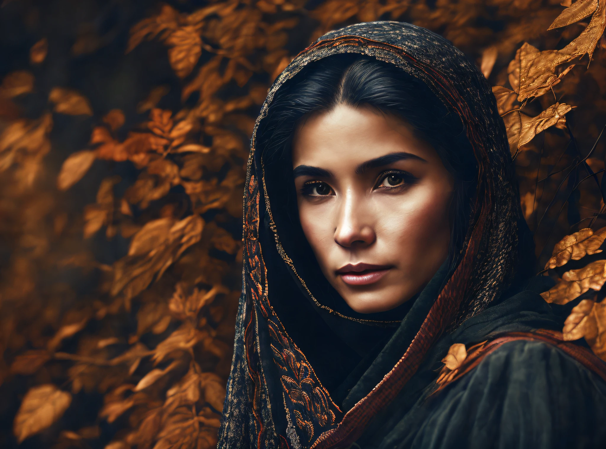 a photo, portrait of a village women of 15 years Asian mestiza, night, wearing an ancient tunic, dark fairy beautiful shrubby autumn forest, dark background, 16k, low angle, 24 mm lens, (((sharp focus:1.5))), (((depth of sharpness:1.5))), (photorealistic:1.5), (skin texture:1), cinematic, hyperdetailed,