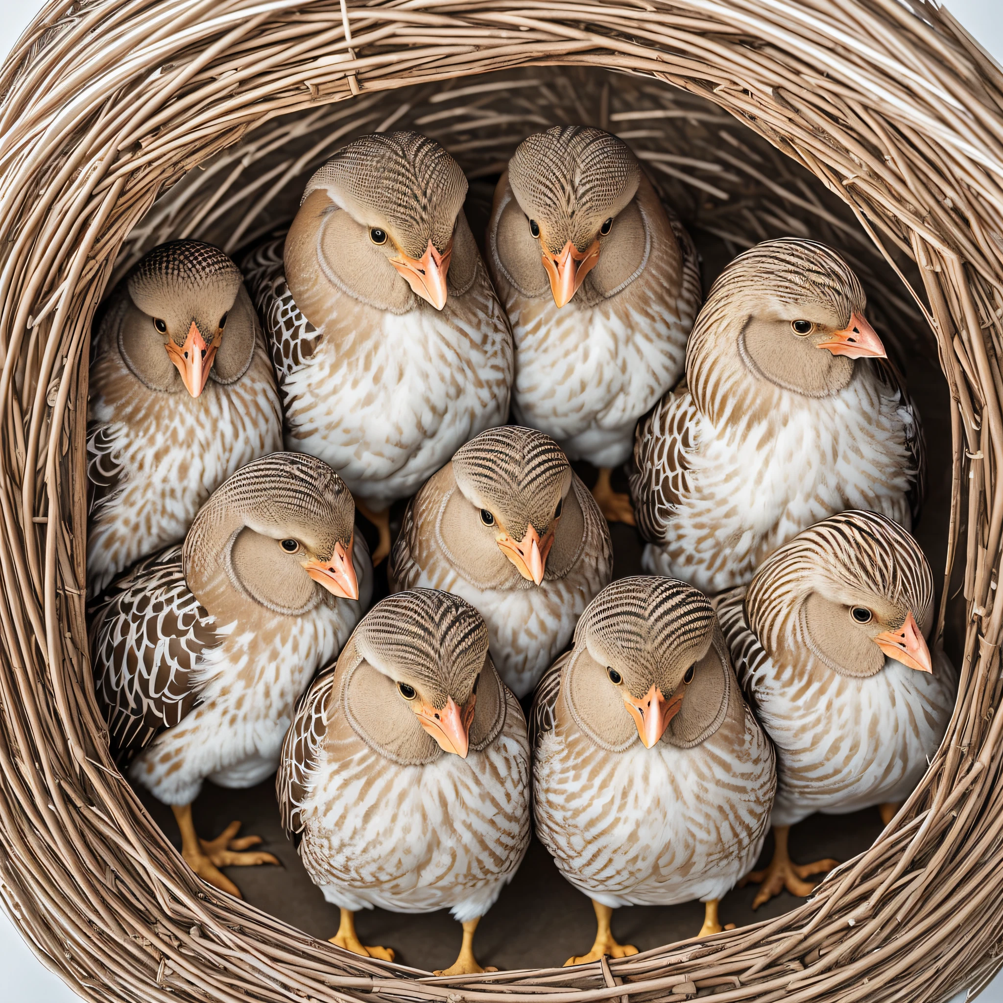 A group of hens huddled together, their feathers varying in shades of brown and beige, framed against a stark white backdrop, shot from an elevated angle, Canon 5D Mark IV, --ar 16:9 --c 05. --auto --s2