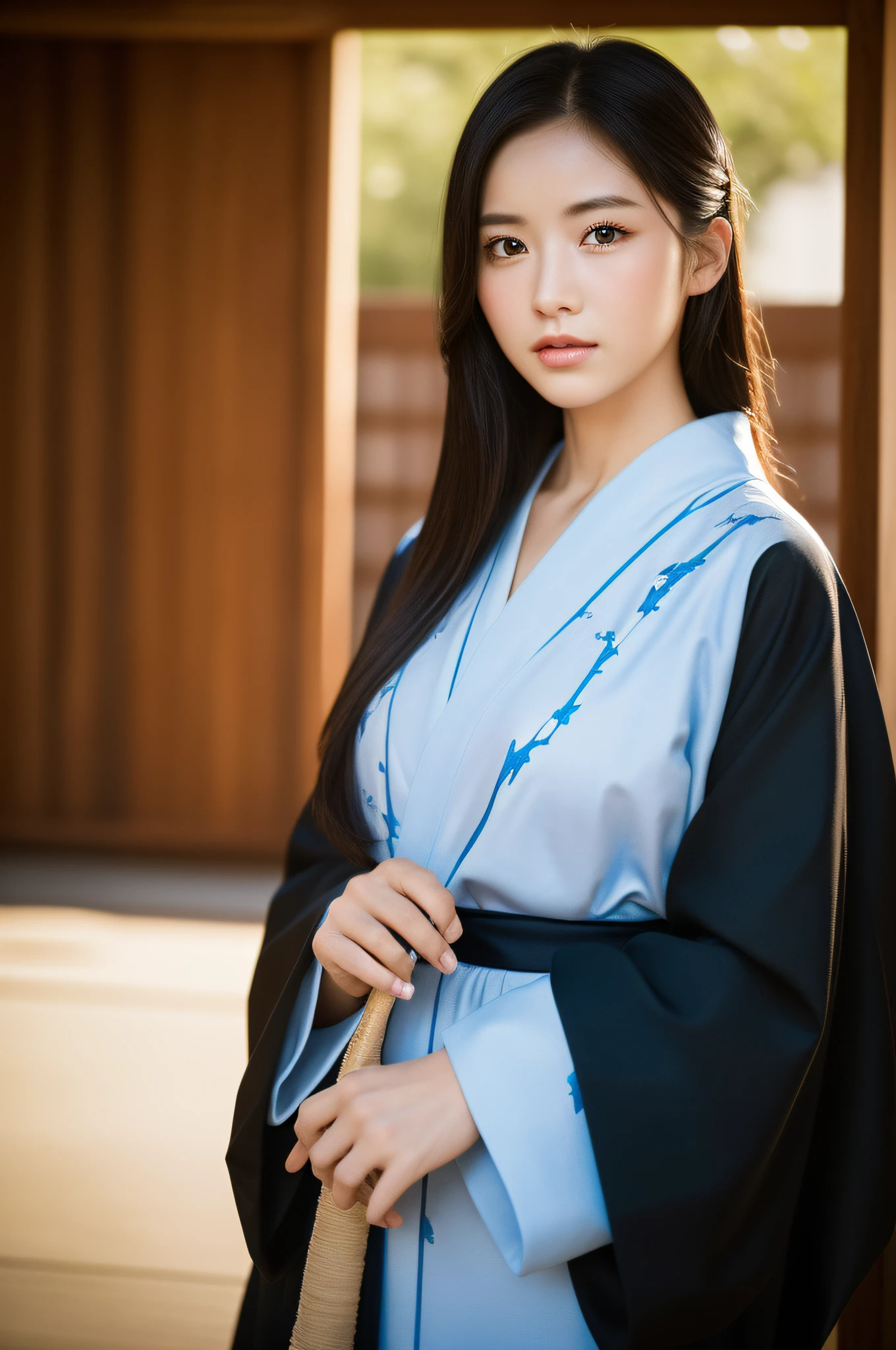 ((Top Quality, 8K, Masterpiece: 1.3)), Sharp Focus: 1.2, (Super Beautiful Face: 1.0), (Glossy Skin: 1.0), Realistic Photos, Black Hair, Realistic Pupils, Movie Lighting, Highly Detailed Eyes and Face, Movie Lighting, (Cowboy Shot: 1.0), kimono, hakama, obi,