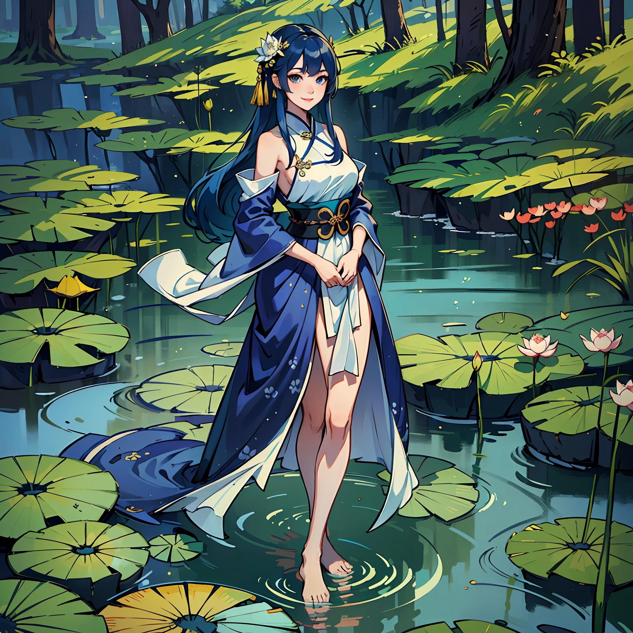 ((4k,masterpiece,best quality)), shuimobysim, traditional chinese ink painting, lotus, hanfu, maxiskit, dress conservatively 1girl, solo, long blue hair, smile, standing, feet in the water, barefoot, --auto --s2