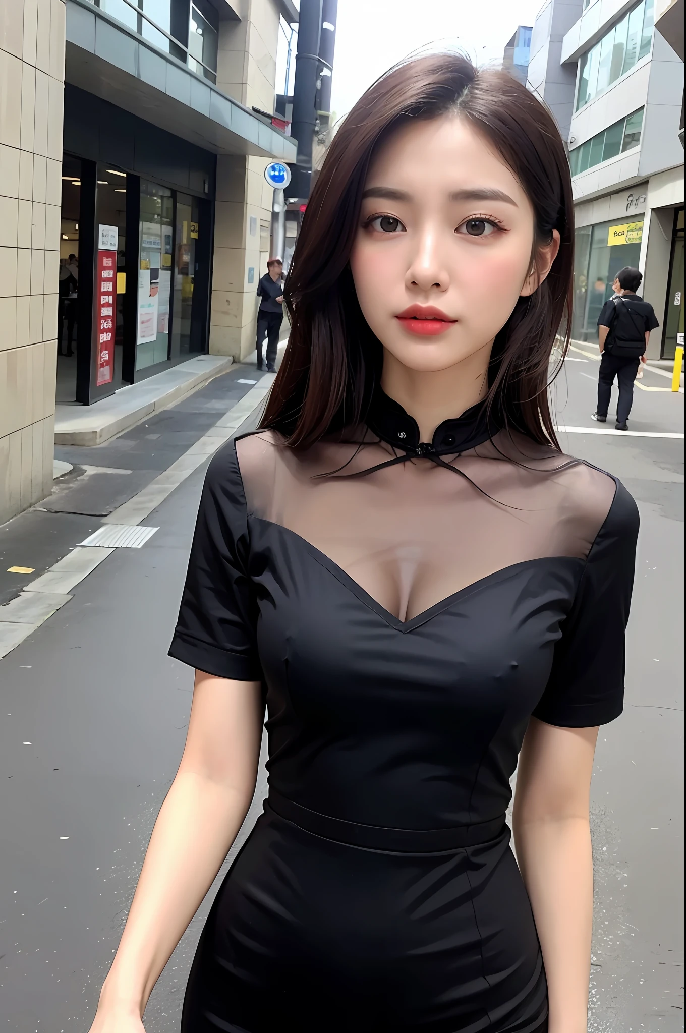 ((Midnight, Best Quality, 8K, Masterpiece: 1.3)), Upper body, B Cup breasts, Clear focus: 1.2, Beautiful woman in perfect build: 1.4, Slim abs: 1.1, (dark brown hair)), (Standing in tight cheongsam, Standing: 1.2), City street view, Very detailed facial and skin texture, Delicate eyes, Double eyelids