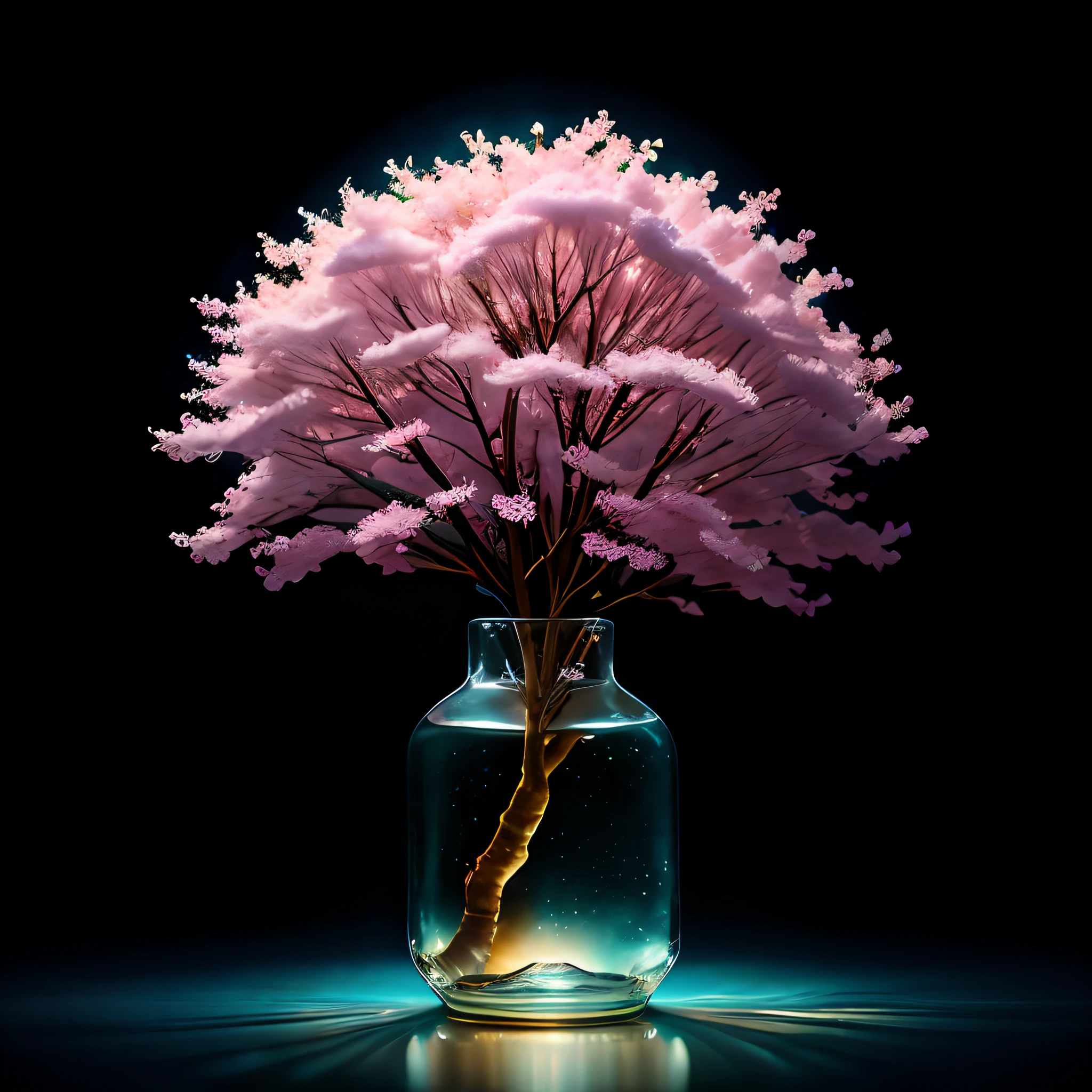 sakura tree in a bottle, fluffy, realistic, atmospheric light refraction, by lee jeffries nikon d850 film stock photograph 4 kodak portra 400 camera f1.6 lens rich colors hyper realistic lifelike texture dramatic lighting unreal engine trending on artstation cinestill 800, Style-Glass