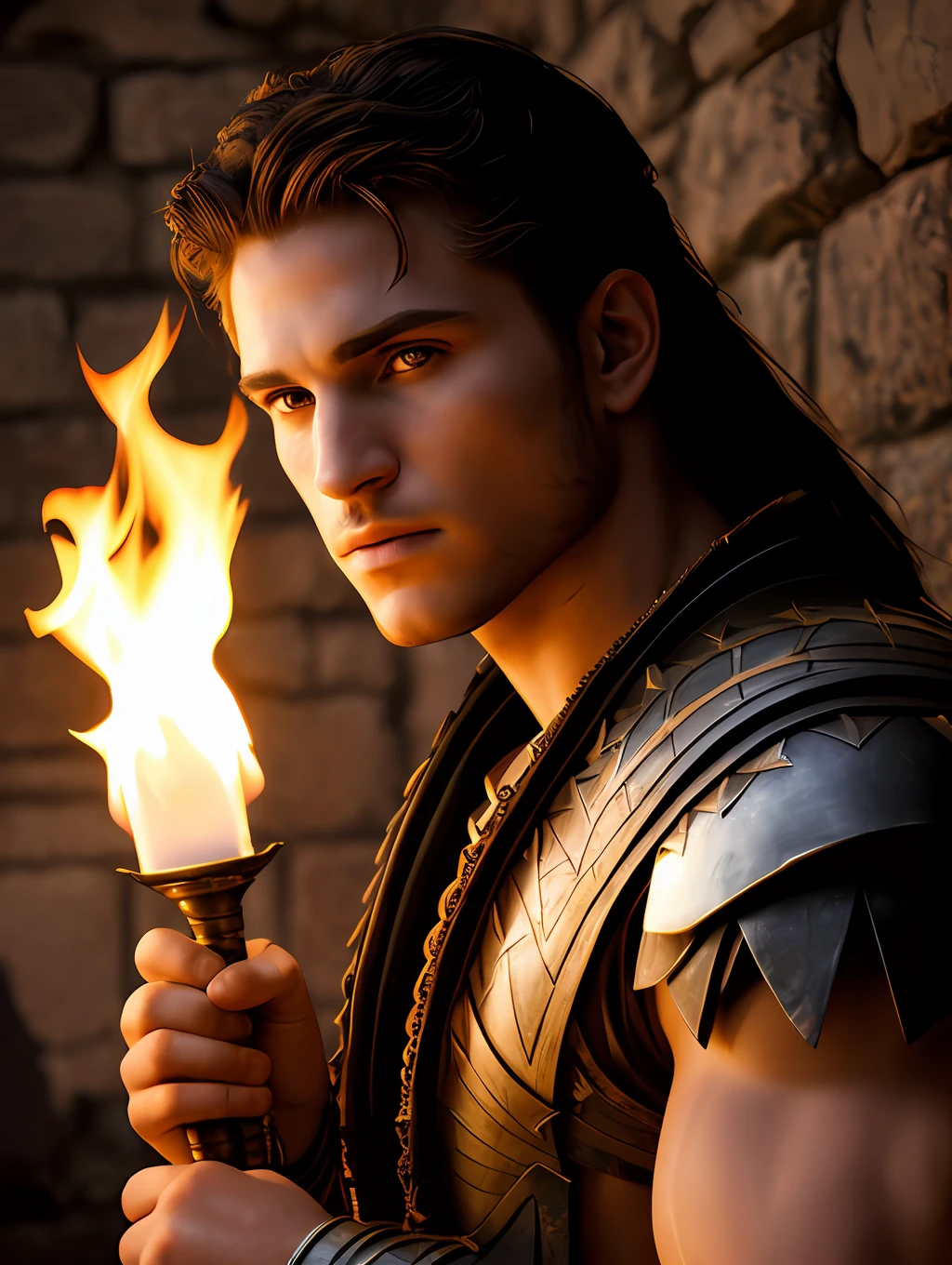 (Highest quality:1.3), cinematic shot, masterpiece, (sharp focus:1.5), (photorealistic:1.3),  medium portrait of (a fierce-looking young fitted gladiator warrior, now the leader of his village, dressed in gladiator clothing, a few torches burn on the walls, giving the scene a dark atmosphere but sculpting the forms in sharp chiaroscuro), it is night time, (highly detailed skin),  (detailed face), detailed background, dark lighting, twilight lighting, volumetric lighting,  intricate details, UHD,