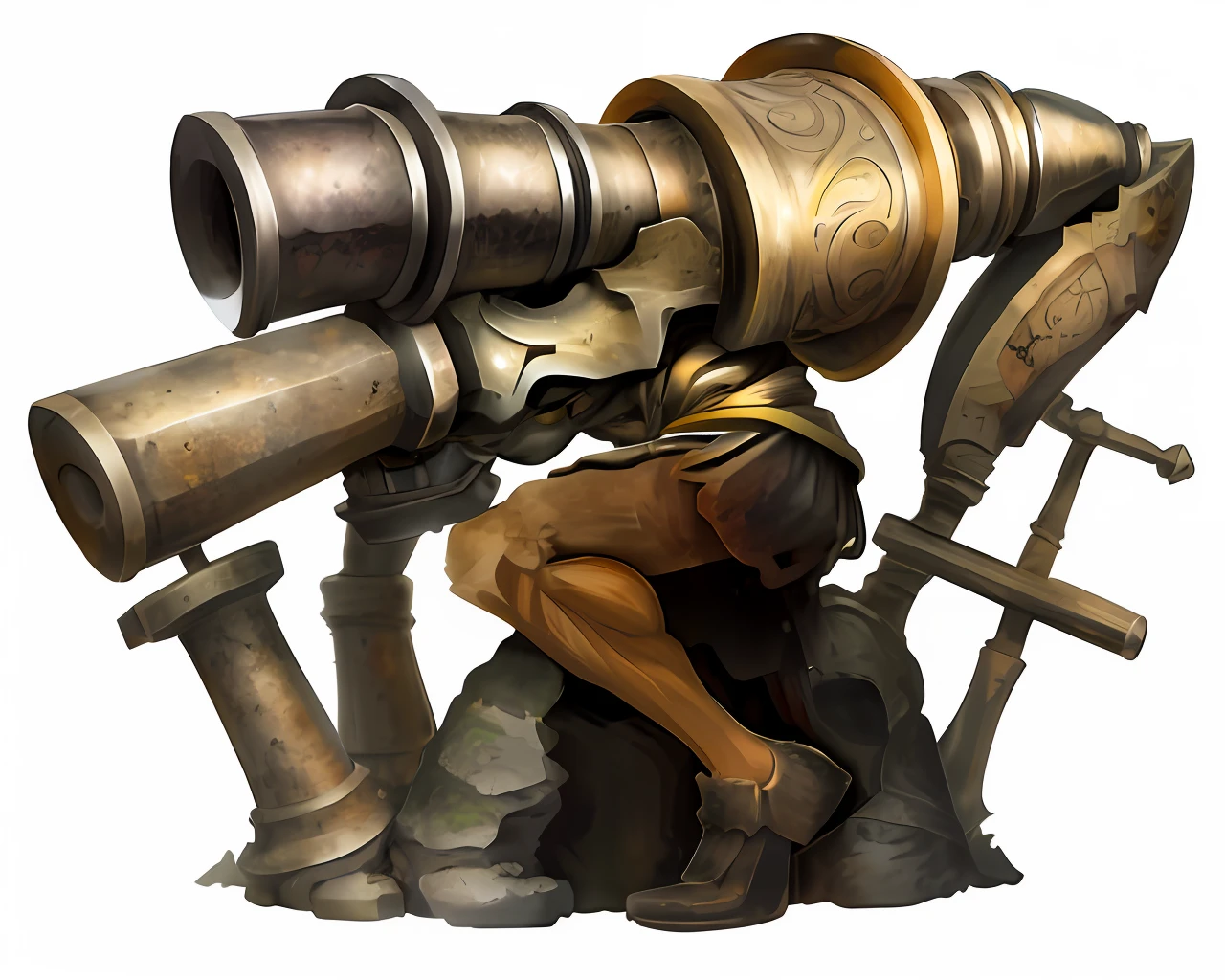 An ancient, mysterious telescope with something in the background reminiscent of ancient Greece