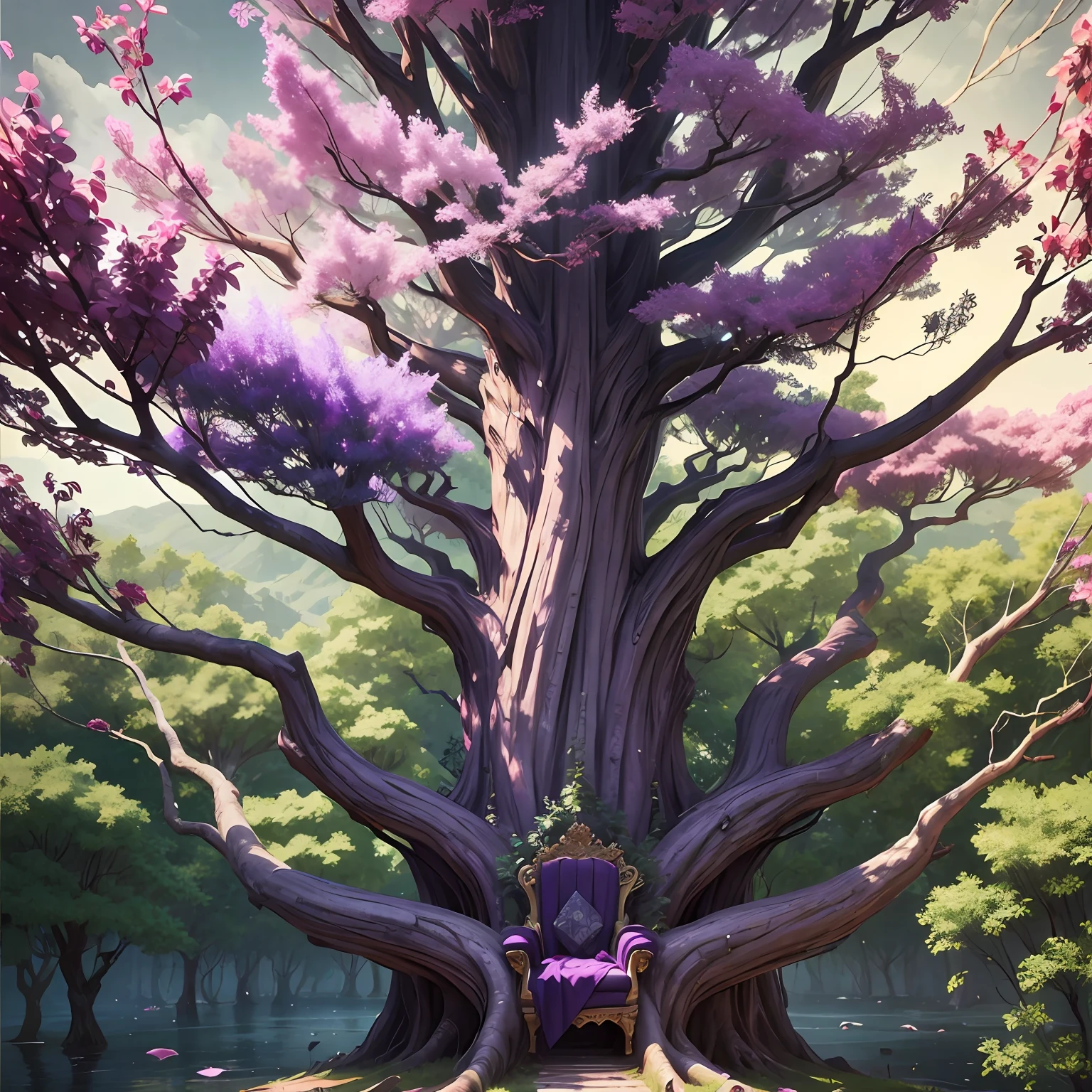 throne made from living tree with purple leaves epic --auto --s2
