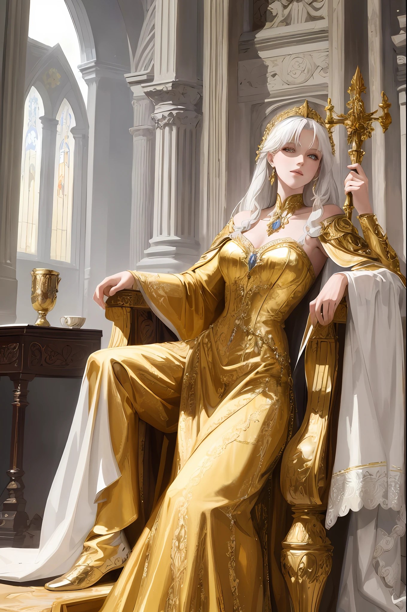 ((masterpiece)), ((best quality)), ((ultra-detailed)), illustration, a white-haired and golden-eyed woman dressed as a priestess, wearing a golden western classical dress, without any exposure, wearing Cloak, side lying, pious, indifferent, mysterious, with white spire gothic cathedral in the background, fantasy