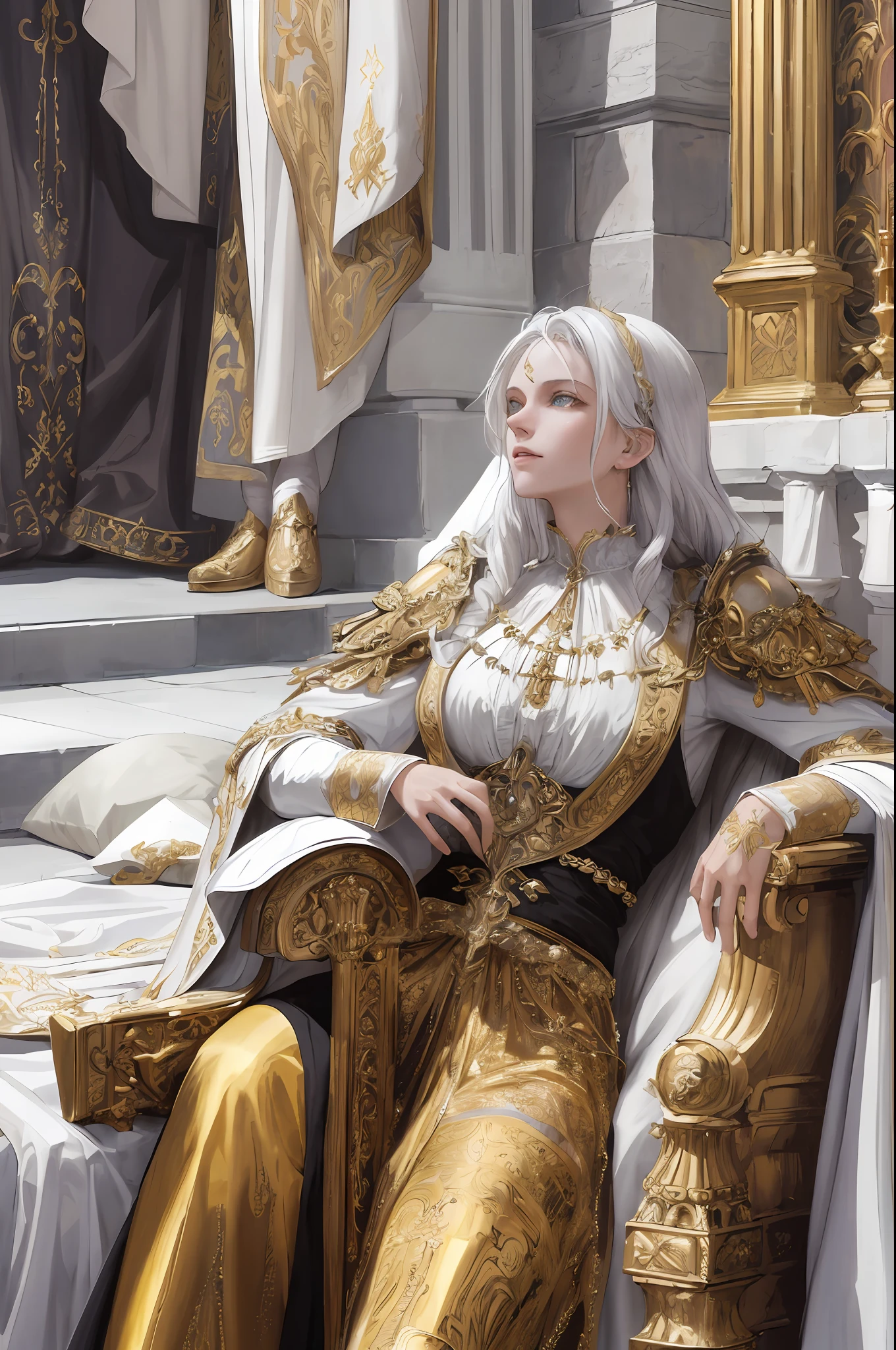 ((masterpiece)), ((best quality)), ((ultra-detailed)), illustration, a white-haired and golden-eyed woman dressed as a priestess, wearing a golden western classical dress, without any exposure, wearing Cloak, side lying, pious, indifferent, mysterious, with white spire gothic cathedral in the background, fantasy