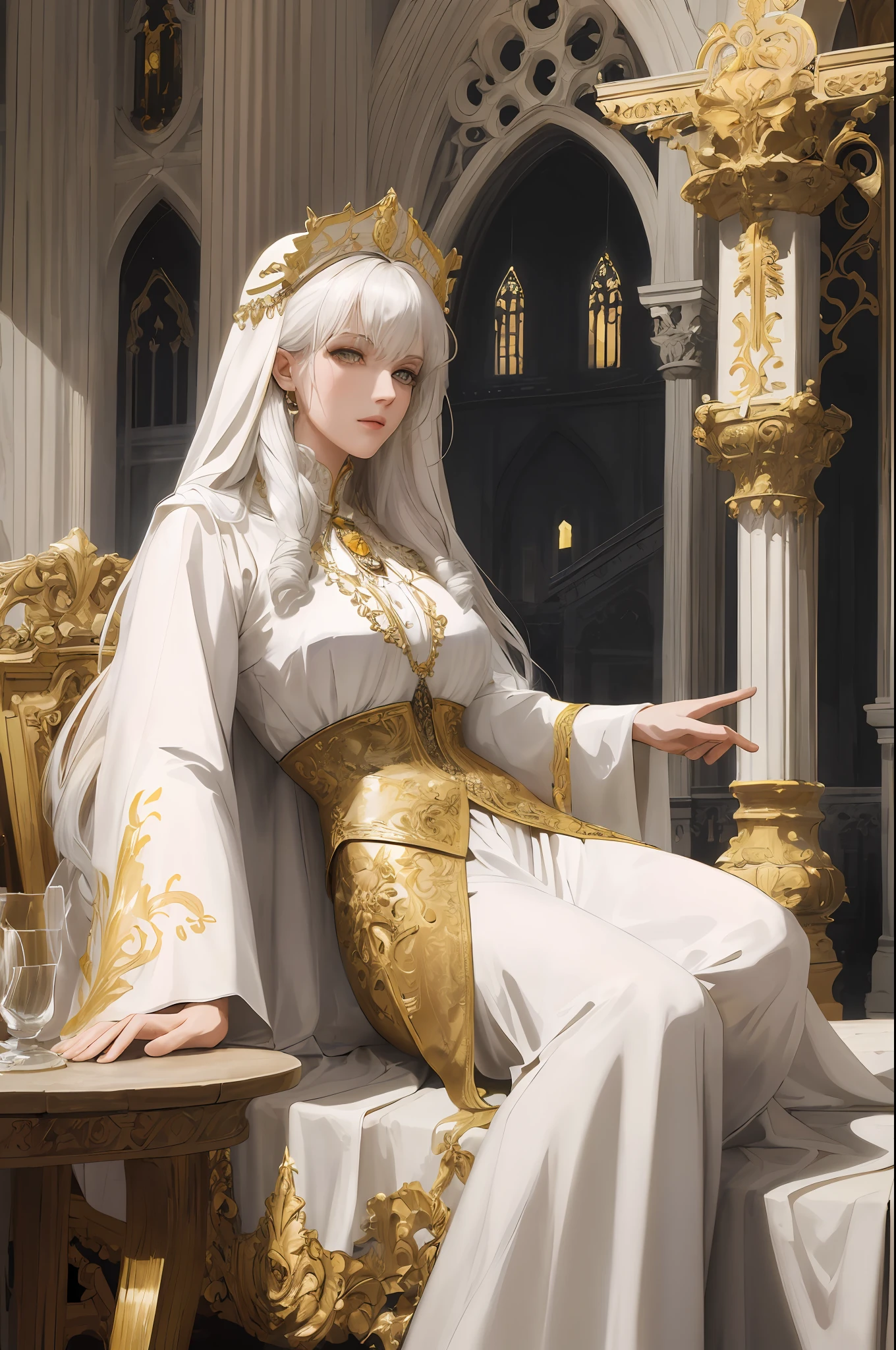 ((masterpiece)), ((best quality)), ((ultra-detailed)), illustration, a white-haired and golden-eyed woman dressed as a priestess, wearing a golden western classical dress, without any exposure, wearing Cloak, side lying, pious, indifferent, mysterious, with white spire gothic cathedral in the background, fantasy