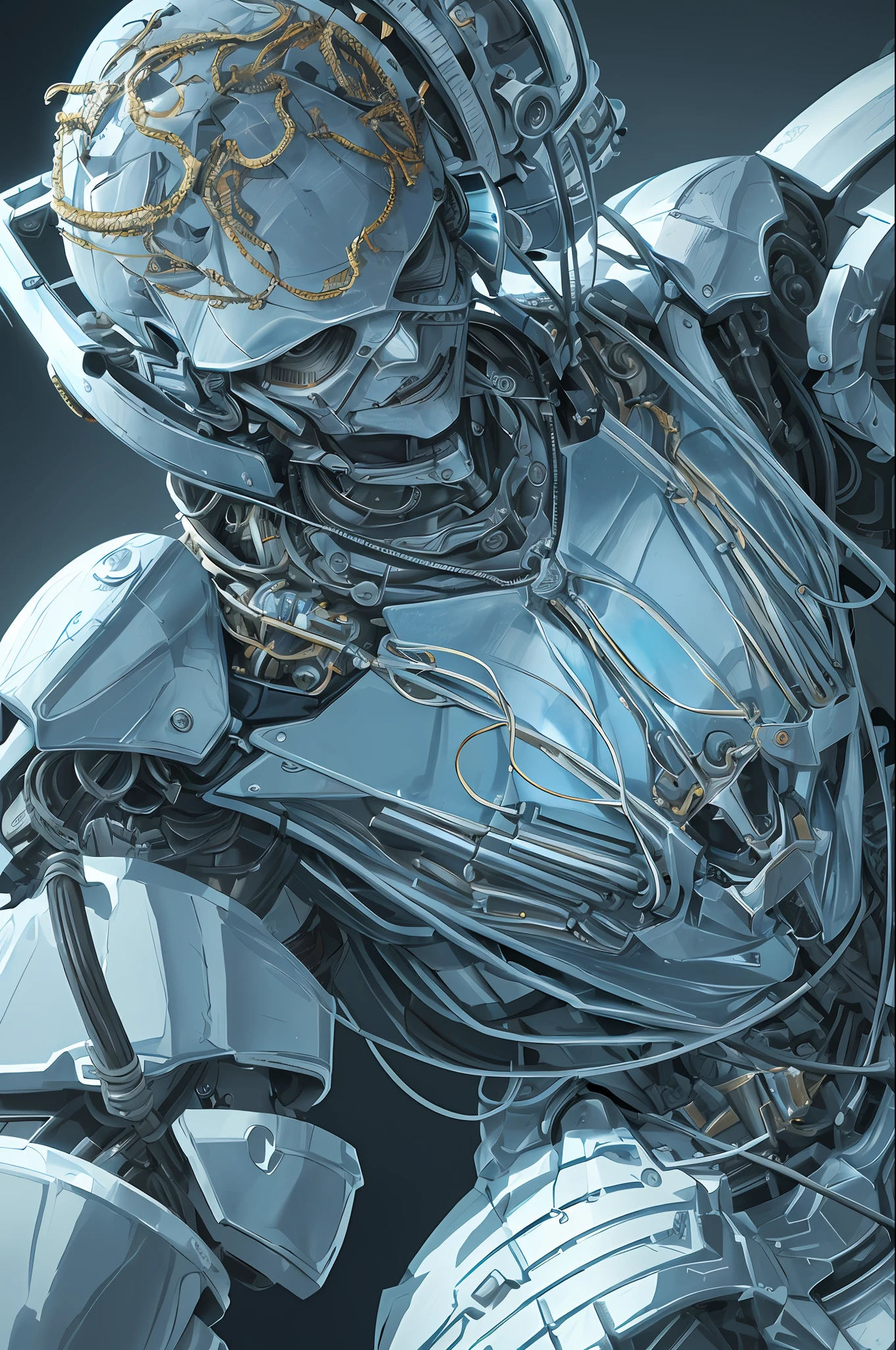 1Mechanical boy, (((ultra realistic details)), portrait, global lighting, shadows, octane render, 8k, ultra sharp, metal, intricate, detailed ornaments, cool colors, Egyptian detail, highly intricate details, realistic light, trend in cgsociety, bright eyes, front camera, neon details, mechanical limbs, blood vessels connected to tubes, mechanical vertebra attaching to the back, mechanical cervial attaching to the neck, sitting, wires and cables connecting to the head