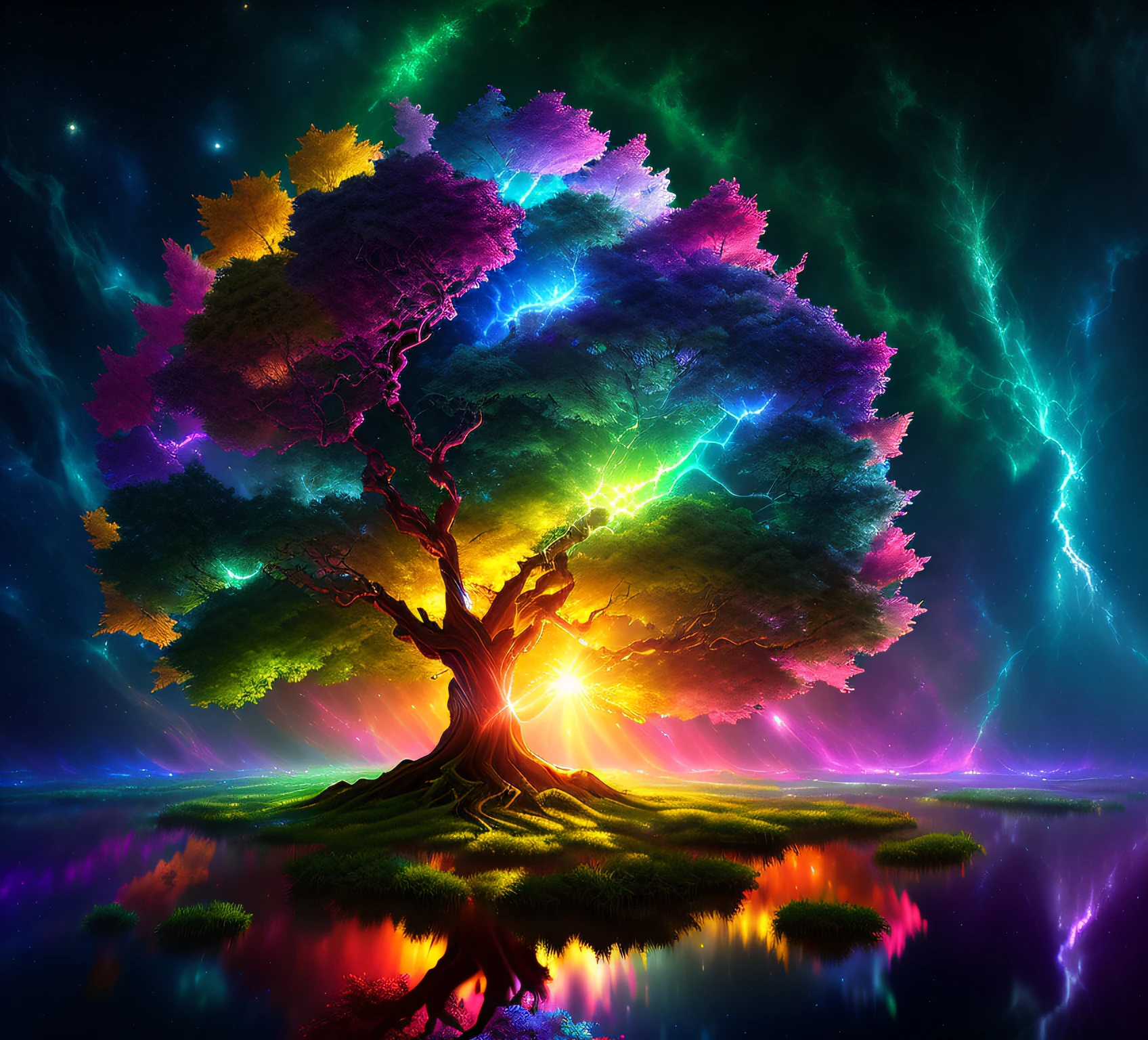 Masterpiece,
The birth of Creation, a leafy Tree with energetic and colorful streams of light in an epic galactic sky, with professional color grading, soft shadows, no contrast, clean sharp focus, cinema film photography, hyper realistic :: nebula::1 wide angle lens::1 defocus::
UHD, HDR, 16K