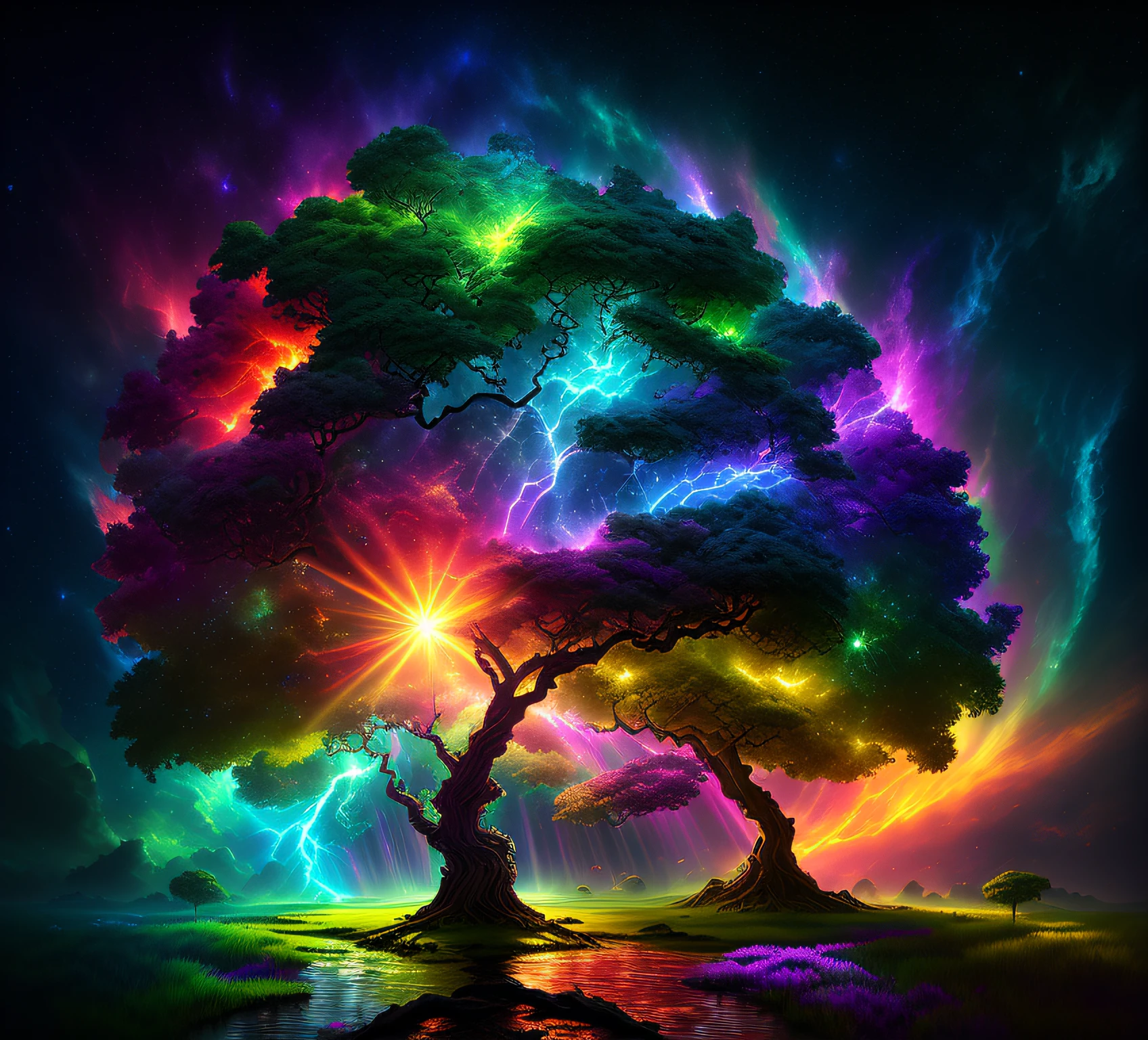 Masterpiece,
The birth of Creation, a leafy Tree with energetic and colorful streams of light in an epic galactic sky, with professional color grading, soft shadows, no contrast, clean sharp focus, cinema film photography, hyper realistic :: nebula::1 wide angle lens::1 defocus::
UHD, HDR, 16K