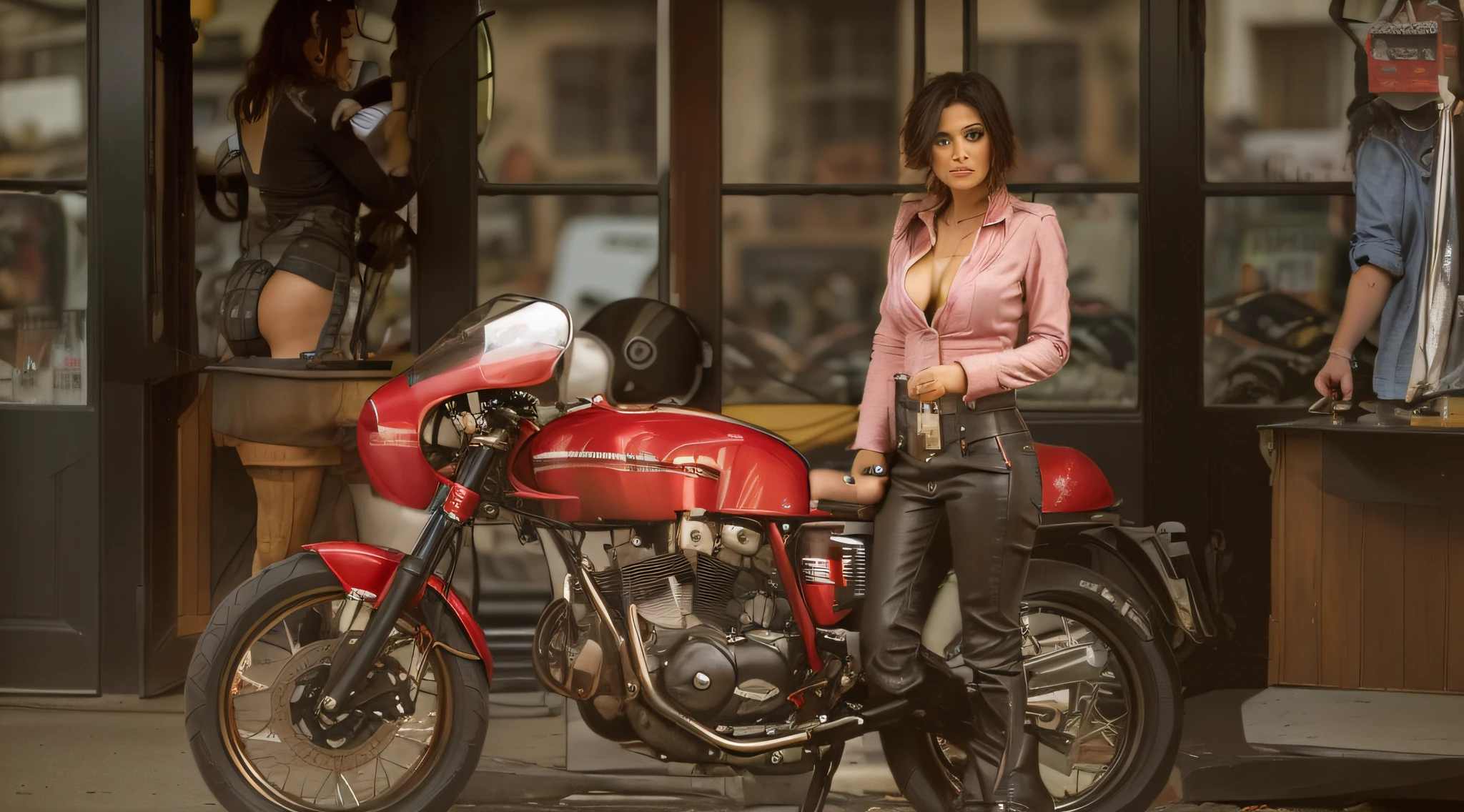 Cafe racer, female model, motorcycle, very cute model, italian, big breasts, cleavage, no bra, see-through, unbutton all clothes