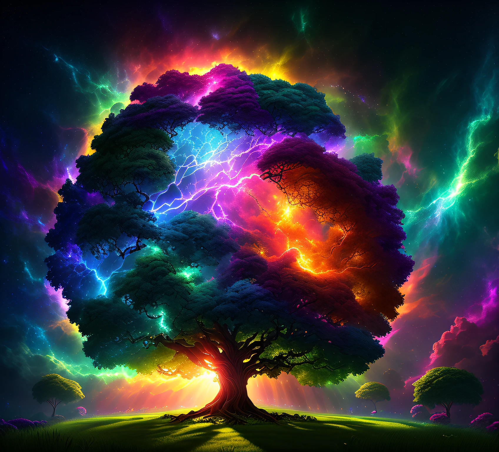 Masterpiece, 
The birth of Creation, a leafy Tree with energetic and colorful streams of light in an epic galactic sky, with professional color grading, soft shadows, no contrast, clean sharp focus, cinema film photography, hyper realistic :: nebula::1 wide angle lens::1 defocus::
UHD, HDR, 16K