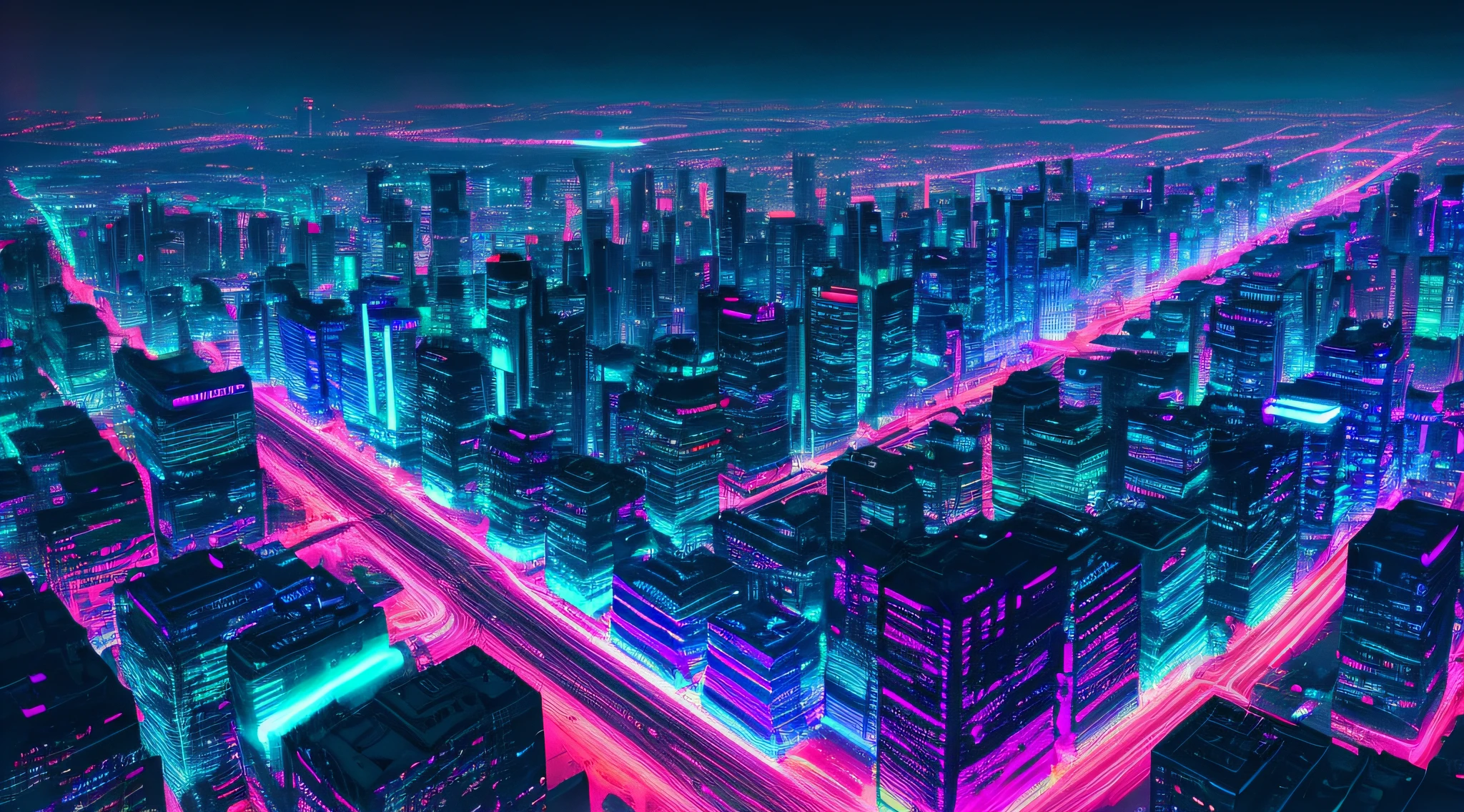 cyberpunk city. digital art. Cyberpunk setting. Neon. futuristic city. cars on the street. neon lighting. cinematic lighting. futurism. view from above. plenty of lights. flashy