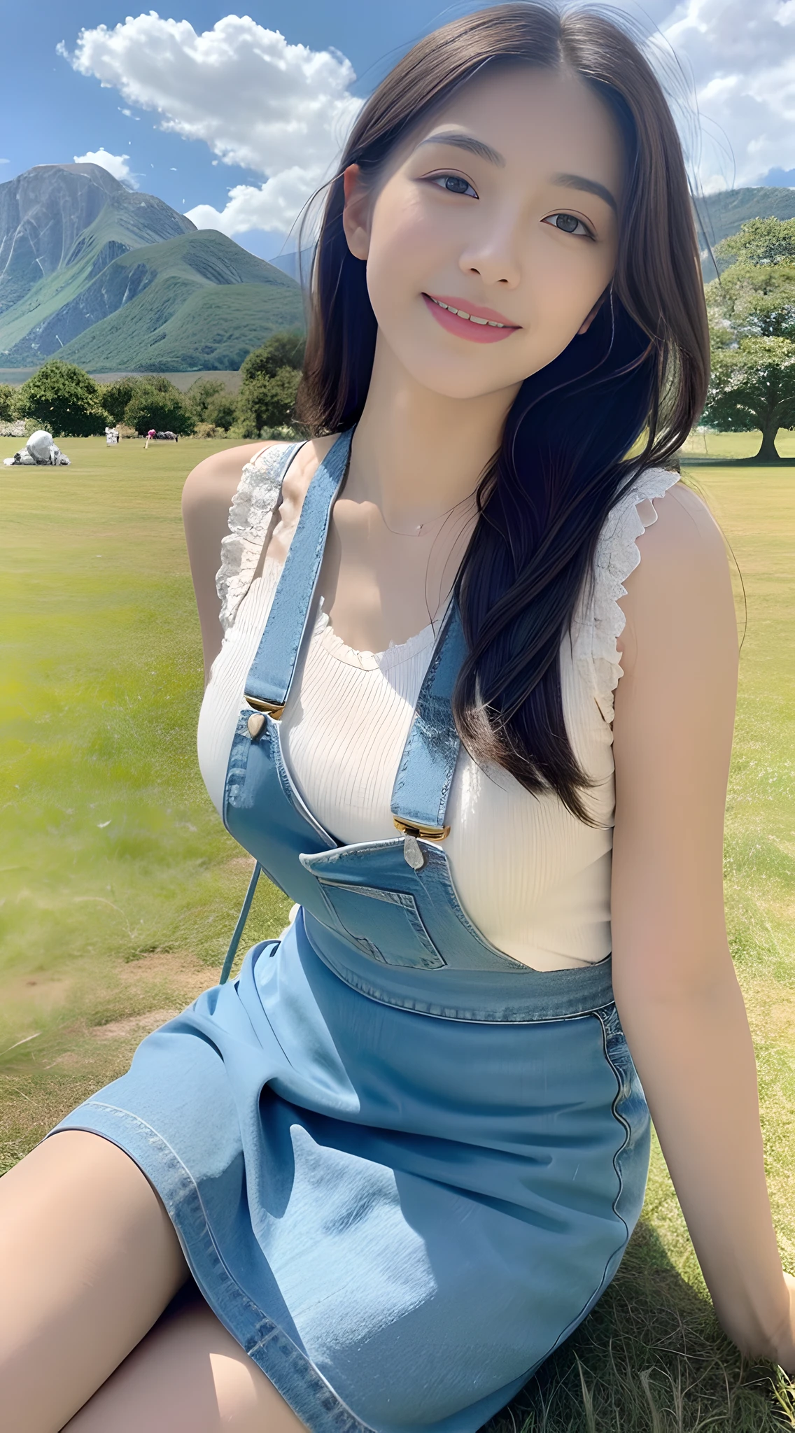 A beautiful and cute girl, full body photo, extremely beautiful and delicate, black hair, sweet smile, delicate beautiful fair skin, realistic and realistic, exquisite and complete facial features, detailed facial portrayal, high nose bridge, flowing smooth hair, extremely delicate hair, soft temperament, face light, tall, thin, real, hyper-real, full-body lens, forward tilt angle, ultimate picture quality, highest precision, accurate and perfect human body structure. Blue sky and white clouds, sitting on the grassland, blue sky and white clouds, distant mountain peaks, sunlight, steppe background, (suspenders, long skirts) panties are clearly visible
