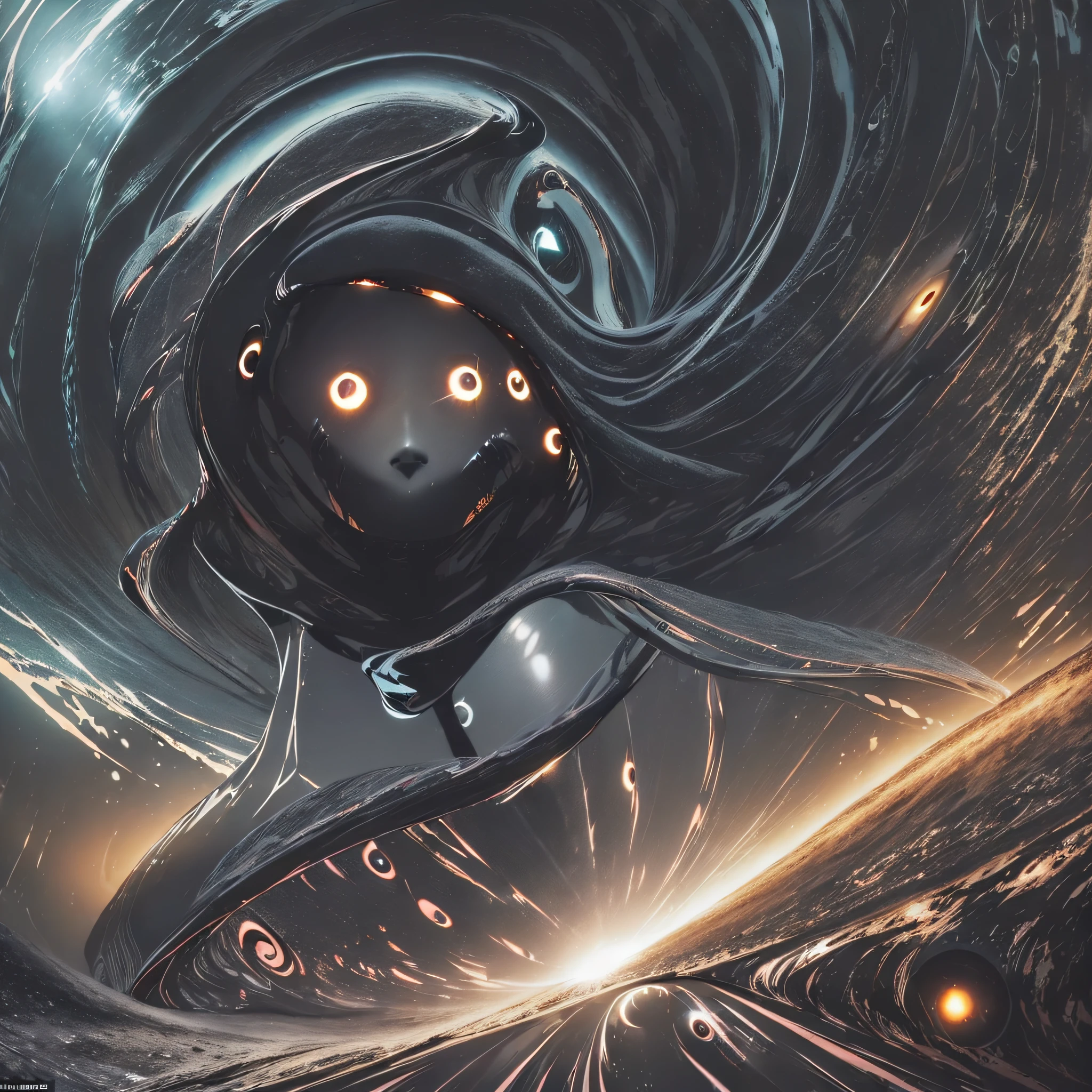 (floating black hole:1.5), light details interspersed with dark, bright and shimmering, a sense of intense depth, surrounded by multiple luminous layers, enhanced lighting, "not including other holes around".