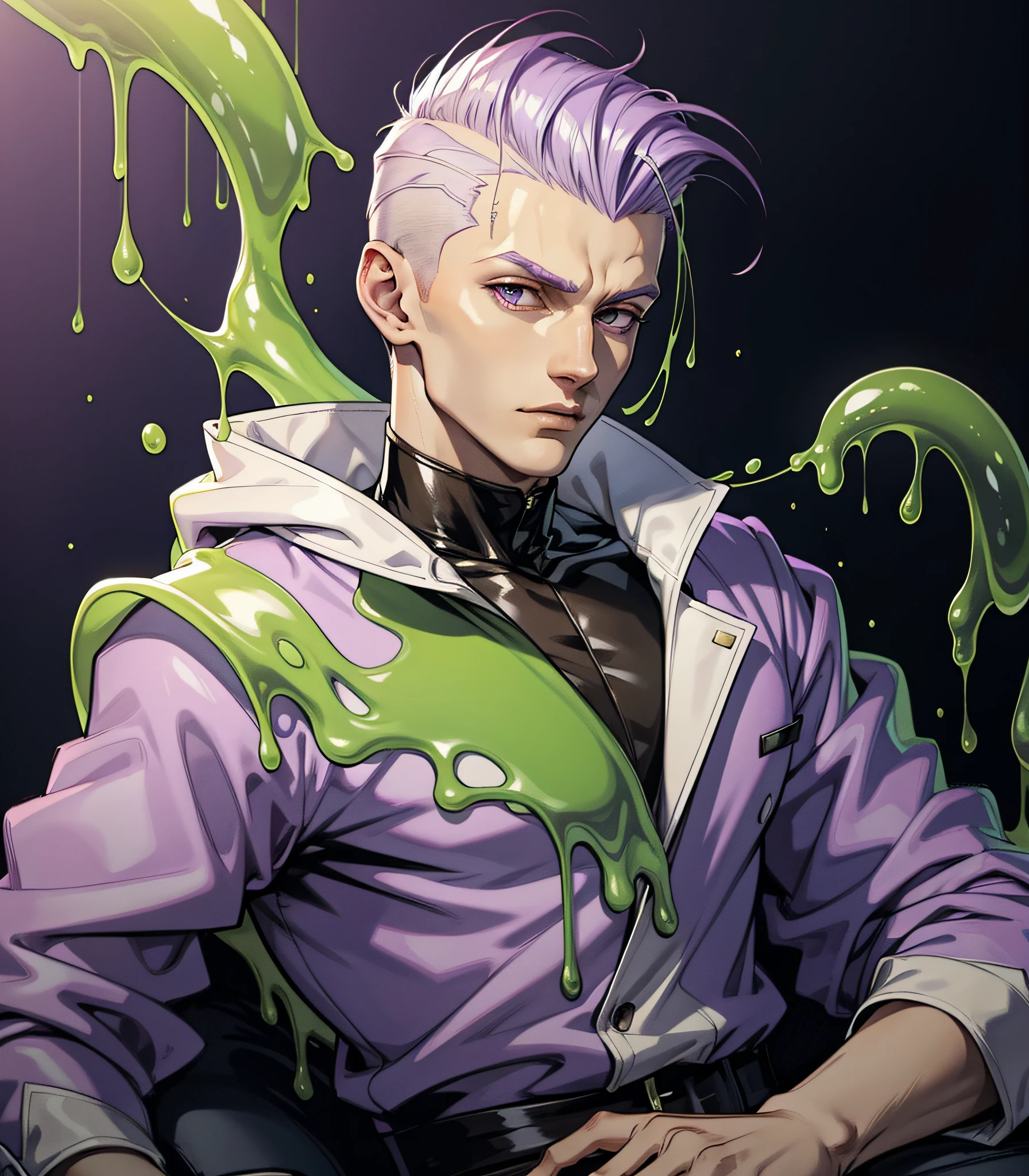 Slime boy, (slime) Slime hair euro-hawk hair style, Pale purple , wearing king-like clothing, Masterpiece, Best Quality