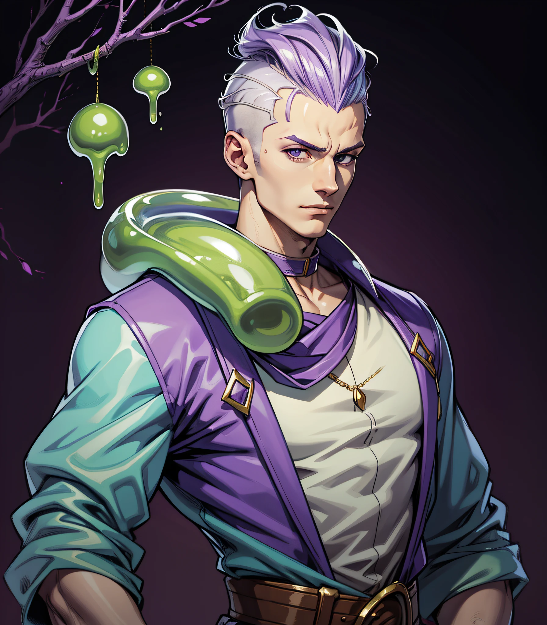 Slime boy, (slime) Slime hair euro-hawk hair style, Pale purple , wearing king-like clothing, Masterpiece, Best Quality