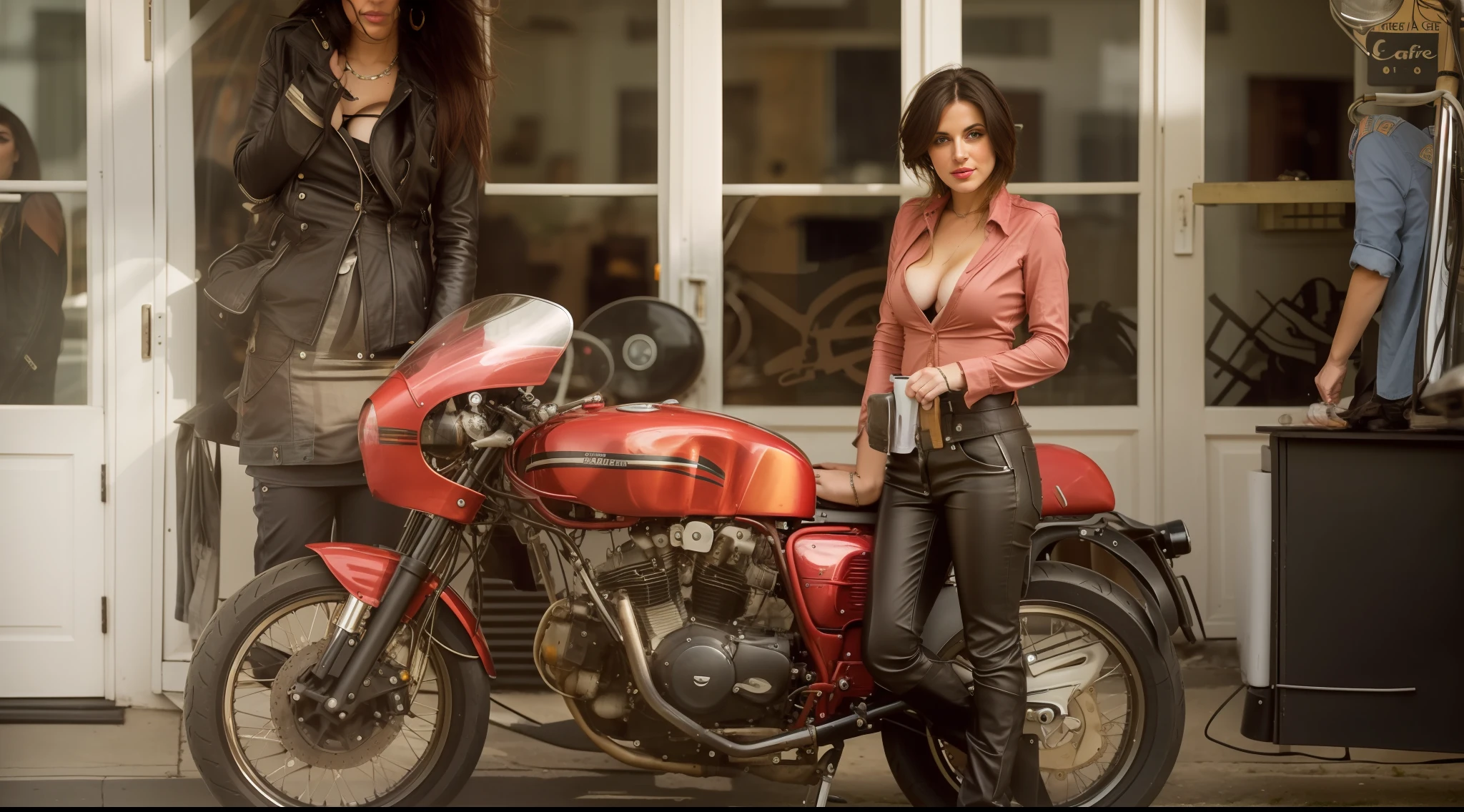 Cafe racer, female model, motorcycle, very cute model, italian, big breasts, cleavage, no bra, see-through, unbutton all clothes